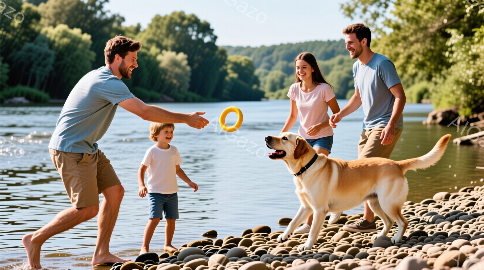 浅瀬で、男性がオレンジ色のフリスビーを投げようとしており、幼い息子がそれを受けようと手を伸ばしています。女性と犬も一緒にいて、犬はフリスビーを追いかけようと躍動感のある姿勢を見せています。背景には緑豊 - AI生成フリー素材