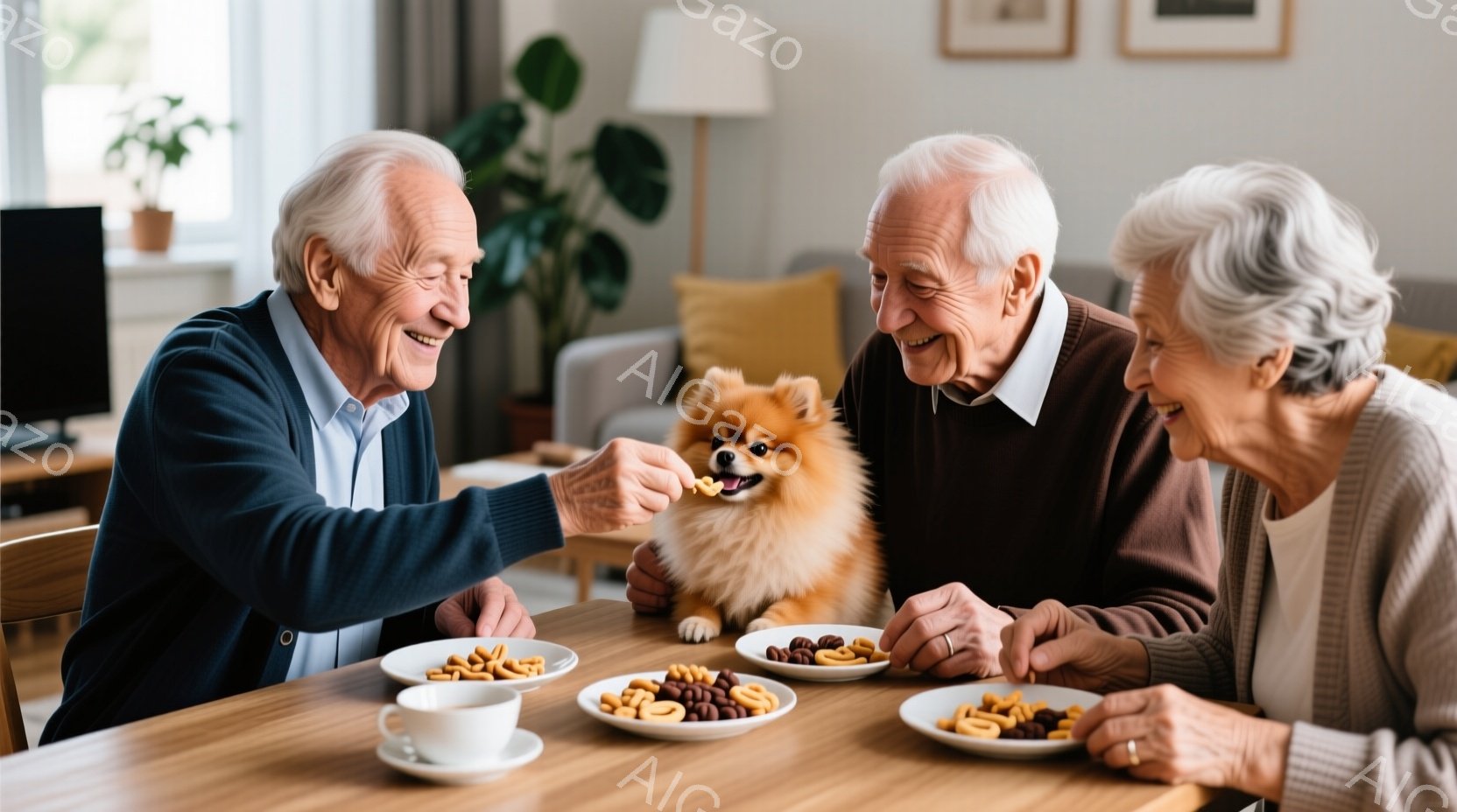 高齢の夫婦が愛犬にビスケットを与えています。夫は濃い青のセーターを着ており、妻はベージュのカーディガンを着ています。室内には木製のテーブルと椅子があり、背景にはソファと観葉植物が見えます。