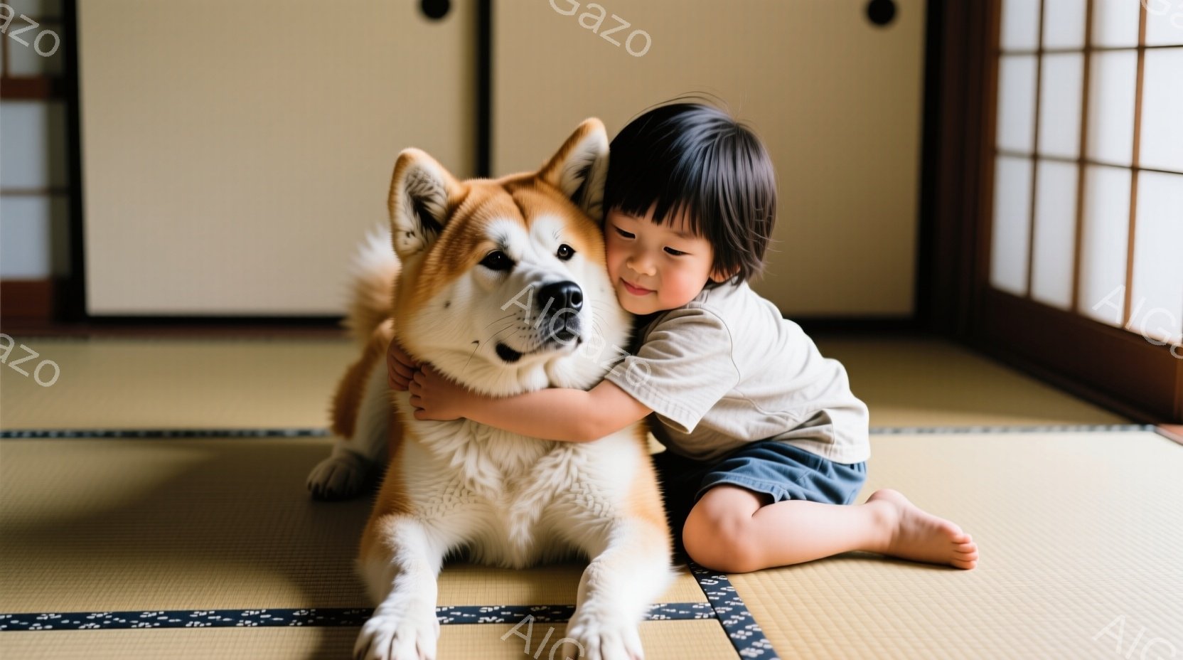 畳の上に座った幼い子供が、柴犬を抱きしめています。子供はベージュ色の服を着ており、黒い髪は短く切りそろえられています。室内は薄暗く、障子から光が差し込み、温かく穏やかな雰囲気が漂っています。 - AI生成フリー素材