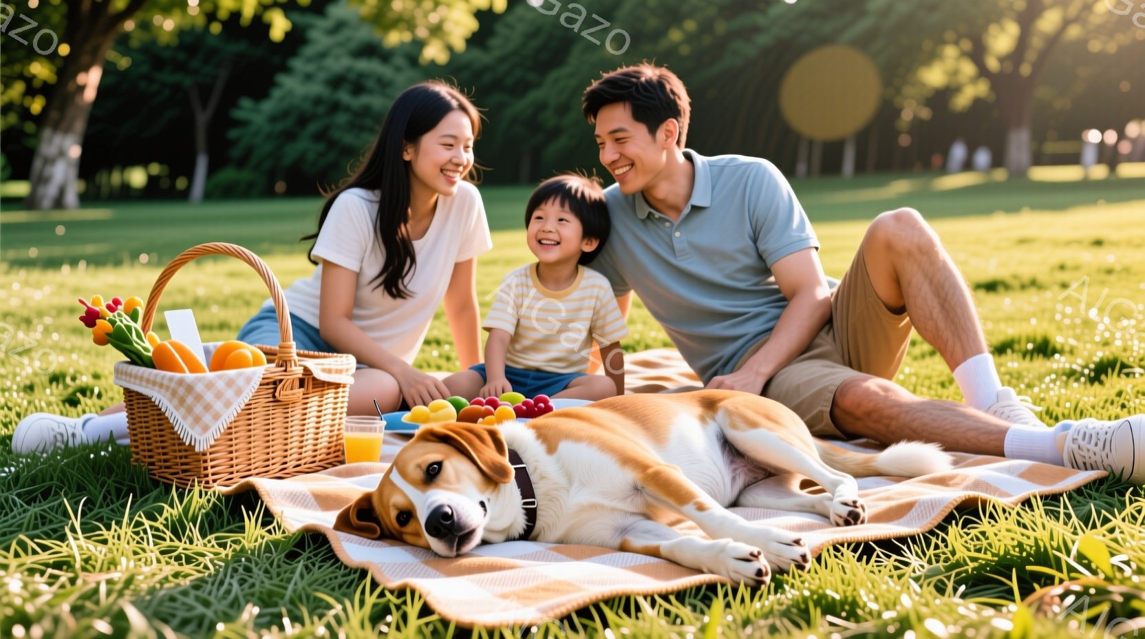 緑豊かな芝生の上で、若い夫婦と子供がピクニックを楽しんでいます。女性は長い髪を後ろで束ね、白いTシャツを着ています。男性と子供はそれぞれポロシャツを着ており、笑顔で楽しんでいます。犬が横たわり、背景に - AI生成フリー素材