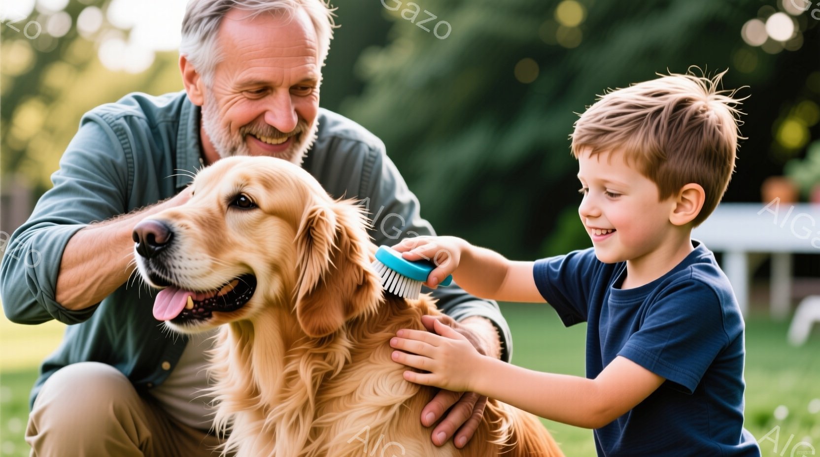 白髪の男性と少年が、芝生の広い庭でゴールデンレトリバーの犬の毛をブラッシングしている様子が写っています。男性は明るい色のシャツを着ており、笑顔で犬を見つめています。少年は青いTシャツを着ており、真剣な - AI生成フリー素材