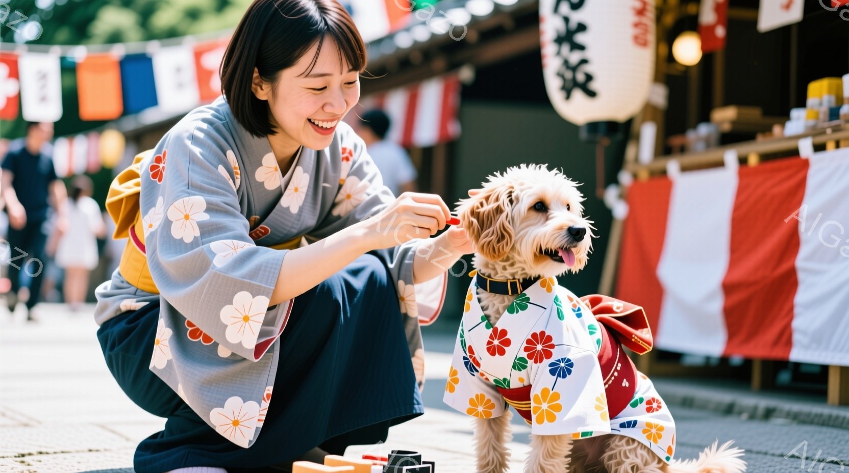 女性は灰色の花柄の着物を着て、膝をついて茶色の巻き毛の犬を撫でています。犬は赤い縁取りのある花柄の首輪をつけており、楽しそうに女性を見上げています。背景には赤い提灯や屋台が並び、お祭りの賑やかな雰囲気 - AI生成フリー素材