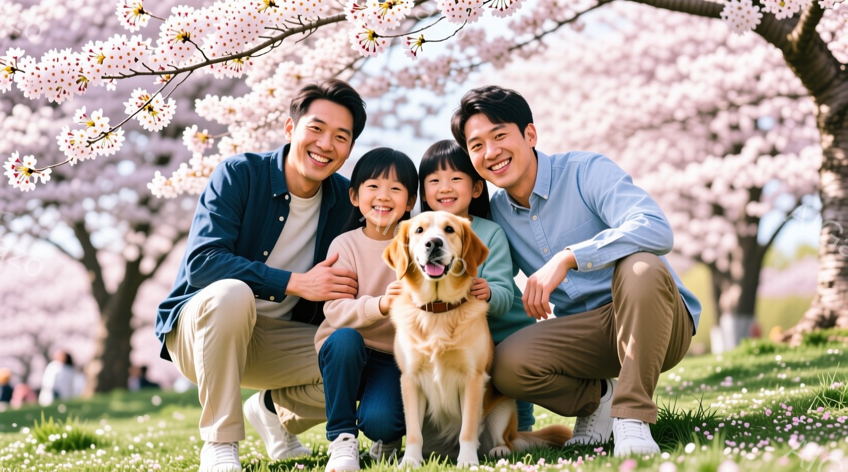 桜の木の下で、笑顔の男性と2人の幼い女の子、そしてゴールデンレトリバーが寄り添って座っています。男性と女の子たちはカジュアルな服装で、白いスニーカーを履いています。背景には、桜の花びらが舞う緑の芝生と、ぼやけた木々が見え、春の暖かく穏やかな雰囲気を醸し出しています。