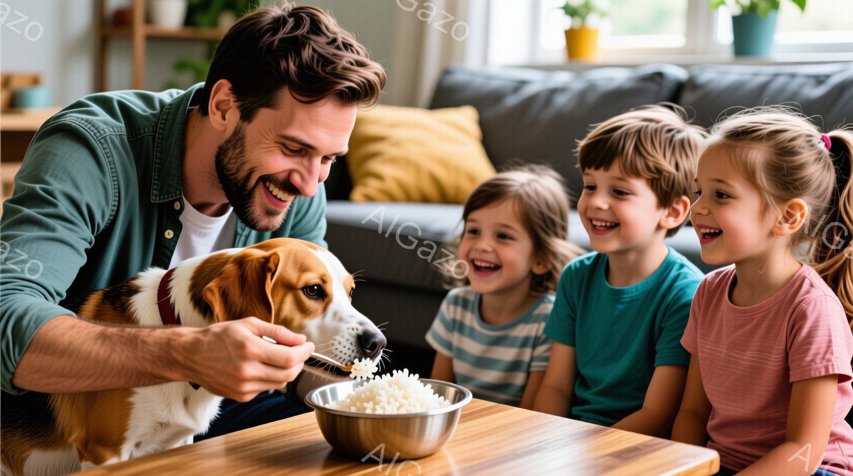 笑顔の男性が、犬にスプーンで何か食べ物をあげています。子供たちは二人とも興奮した様子で、テーブルを囲んでその様子を見守っています。背景には灰色のソファがあり、部屋全体が明るく温かい雰囲気です。 - AI生成フリー素材