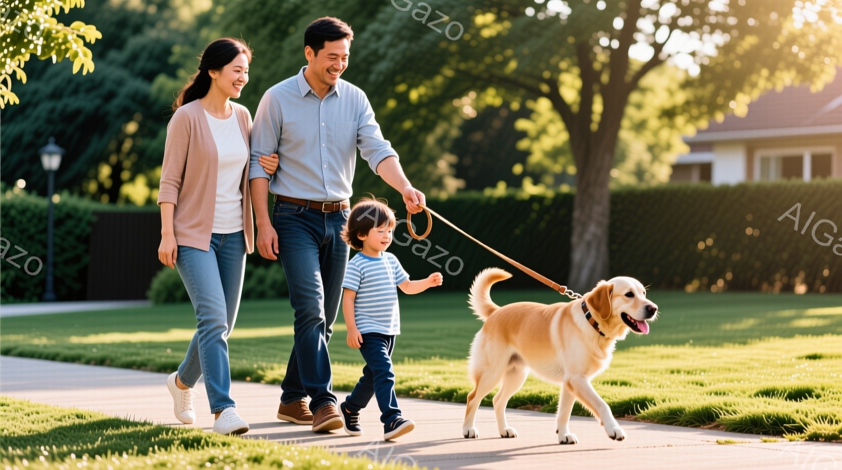 長い髪を後ろでまとめた女性と、明るい色のシャツを着た男性、そして小さな男の子が、芝生の道の上を犬と一緒に歩いています。家族はリラックスした表情で、犬はリードに繋がれ、楽しそうに歩いています。背景には緑豊かな木々と家々が見え、晴れた日差しが降り注ぎ、穏やかで幸せな雰囲気が漂っています。