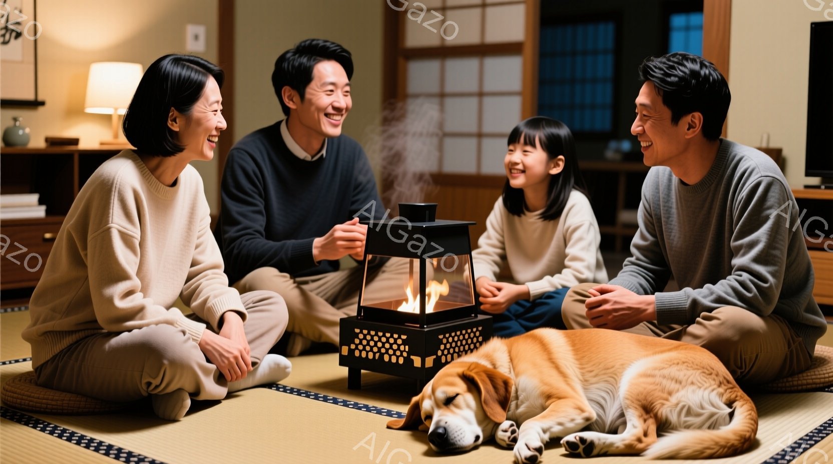 畳の上に家族と犬が座り、ミニ暖炉を囲んで暖を取っています。母親はクリーム色のセーターを着て笑顔で、父親と娘は紺色と灰色のセーターを着て、それぞれリラックスした表情をしています。背景には木製の棚と間接照 - AI生成フリー素材