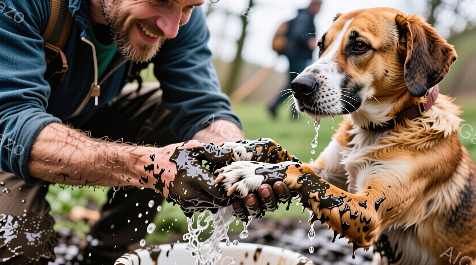 泥だらけの足跡が広がる野原で、男性が犬の足を洗っている様子が写っている。男性は濃い色の服を着ており、顎髭を生やしている。犬は明るい茶色の毛並みで、洗われている足をじっと見つめ、穏やかな表情をしている。