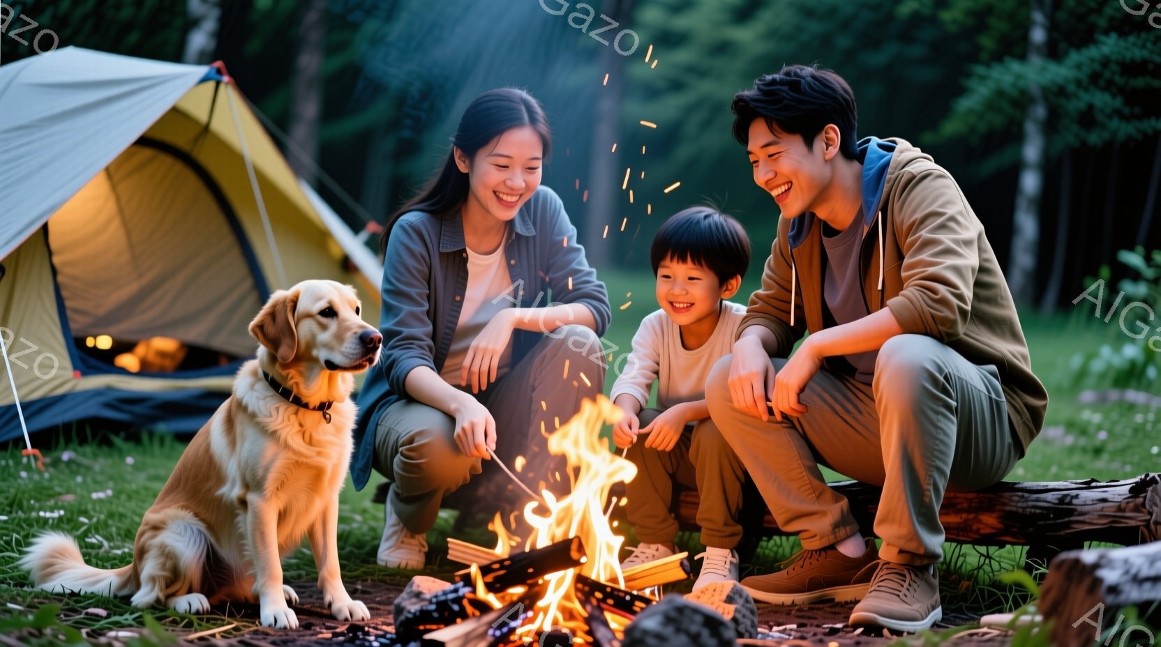 キャンプファイヤーを囲む家族が写っています。母親はグレーのセーターを着ており、短い黒髪で微笑んでいます。息子は黒髪で、父親は白いパーカーを着ており、それぞれ焚き火を見つめて楽しそうにしています。