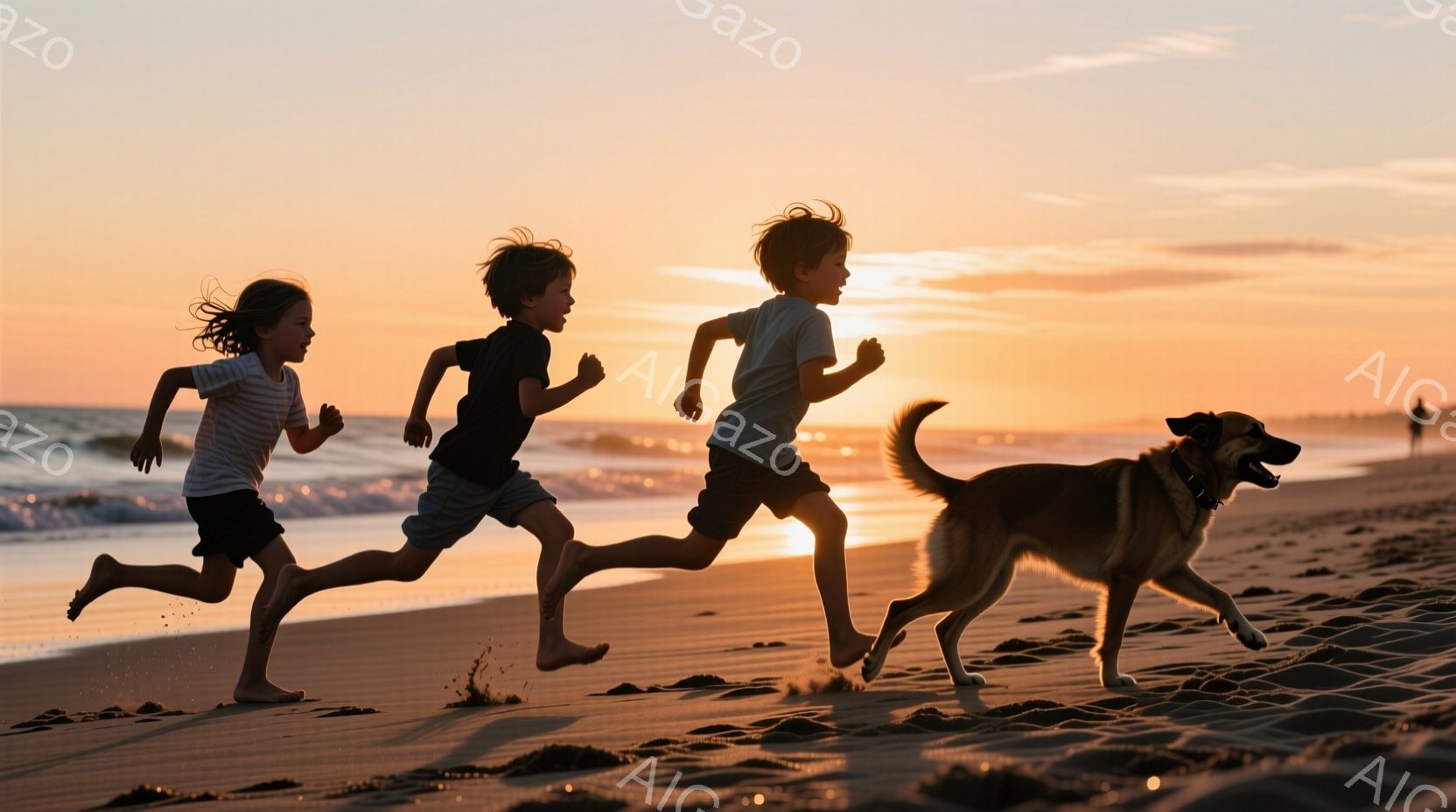 三人の子供と一匹の犬が砂浜を走っている様子が捉えられています。子供たちはそれぞれ異なる色のTシャツと短パンを着用し、髪は風になびいています。背景には夕焼けの空と穏やかな海が広がり、暖かく活気のある雰囲 - AI生成フリー素材