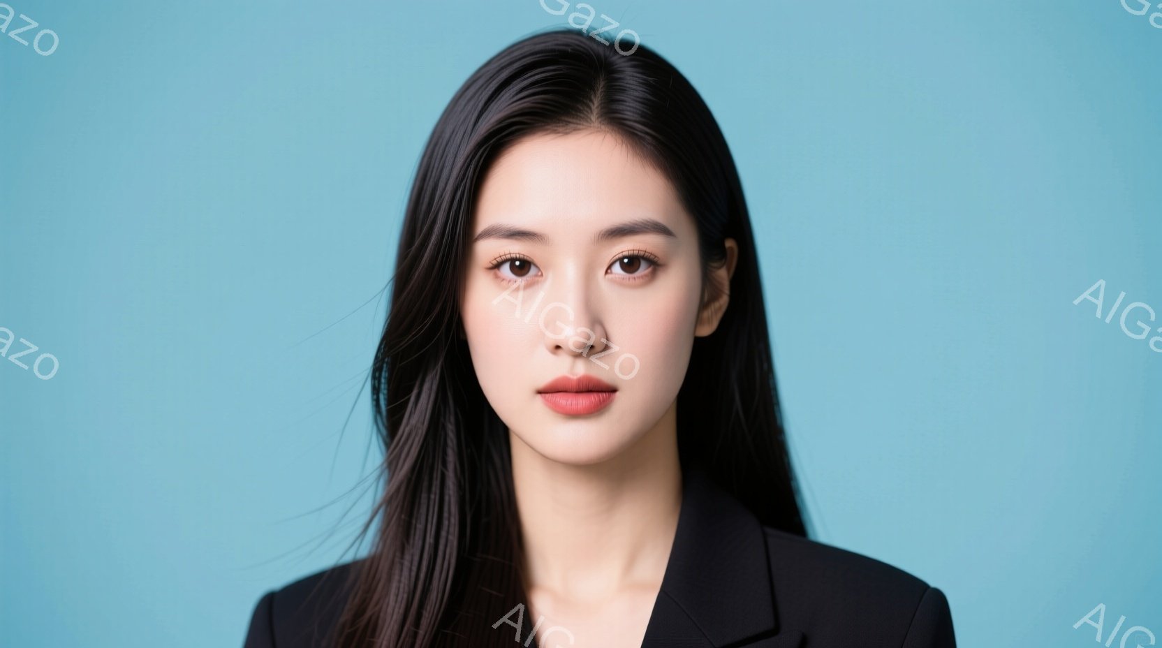 この女性は黒いジャケットを着ており、長くストレートの黒髪が肩にかかっています。彼女は穏やかな表情でカメラを見つめており、わずかに微笑んでいるように見えます。背景は明るい水色で、人物に焦点が当てられています。