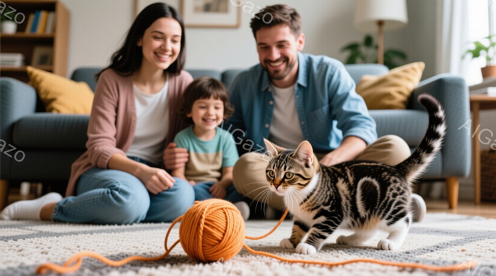 室内で、女性と少年が床に座り、横に縞模様の猫がいます。女性は長い髪で笑顔を見せ、ピンク色のカーディガンを着ています。少年は短い髪で、青いTシャツを着て、猫を見つめており、背景にはソファと植物が見えます - AI生成フリー素材