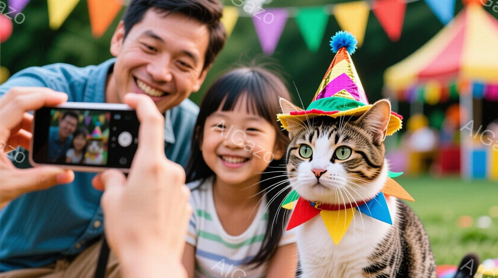 一人の男性と少女が、猫と一緒に写真を撮っています。男性は水色のシャツを着ており、少女は白地に縞模様のシャツを着ています。猫はカラフルなパーティーハットと首輪をつけており、全員が笑顔で楽しそうに見えます - AI生成フリー素材