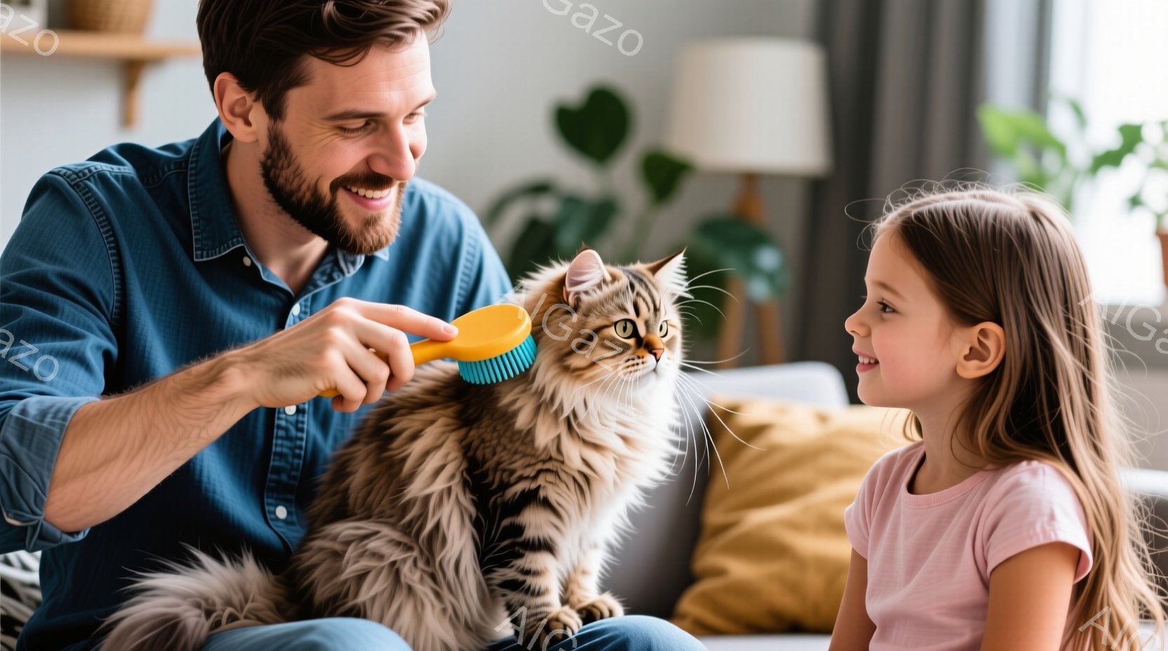 濃い茶色の毛並みを持つ大きな猫が、男性によってブラシで手入れをされている様子が写っています。男性は青いシャツを着ており、笑顔で猫に集中しています。背景には、明るいリビングルーム、ソファ、植物が見え、温かく穏やかな雰囲気が漂っています。