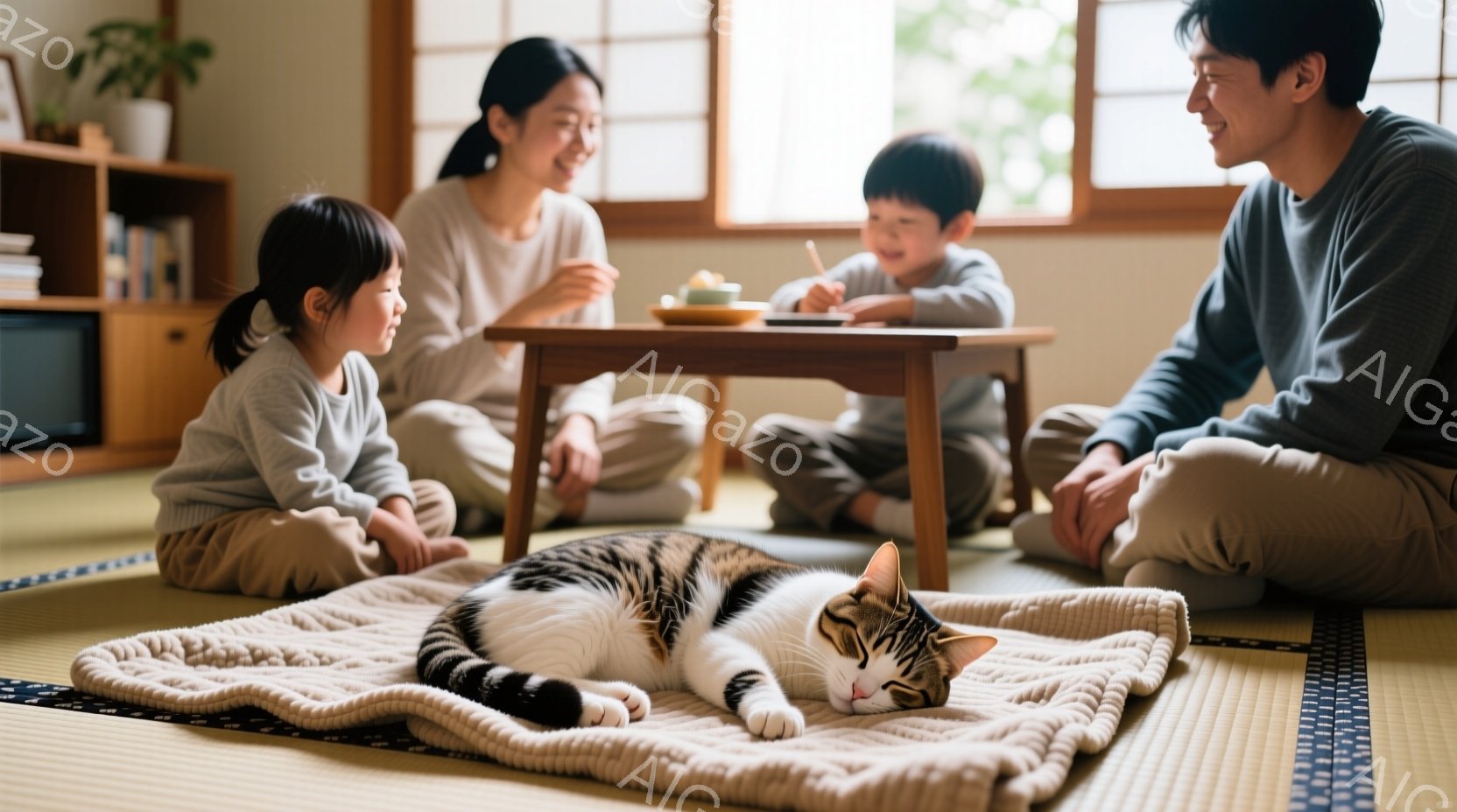 畳の上に座っている家族と、その手前に横になっている猫が写っています。母親はベージュ色の服を着て微笑んでおり、子供はグレーの服を着て何かを書いています。部屋は木製の家具で飾られており、窓からは自然光が差し込み、温かい家庭的な雰囲気が漂っています。