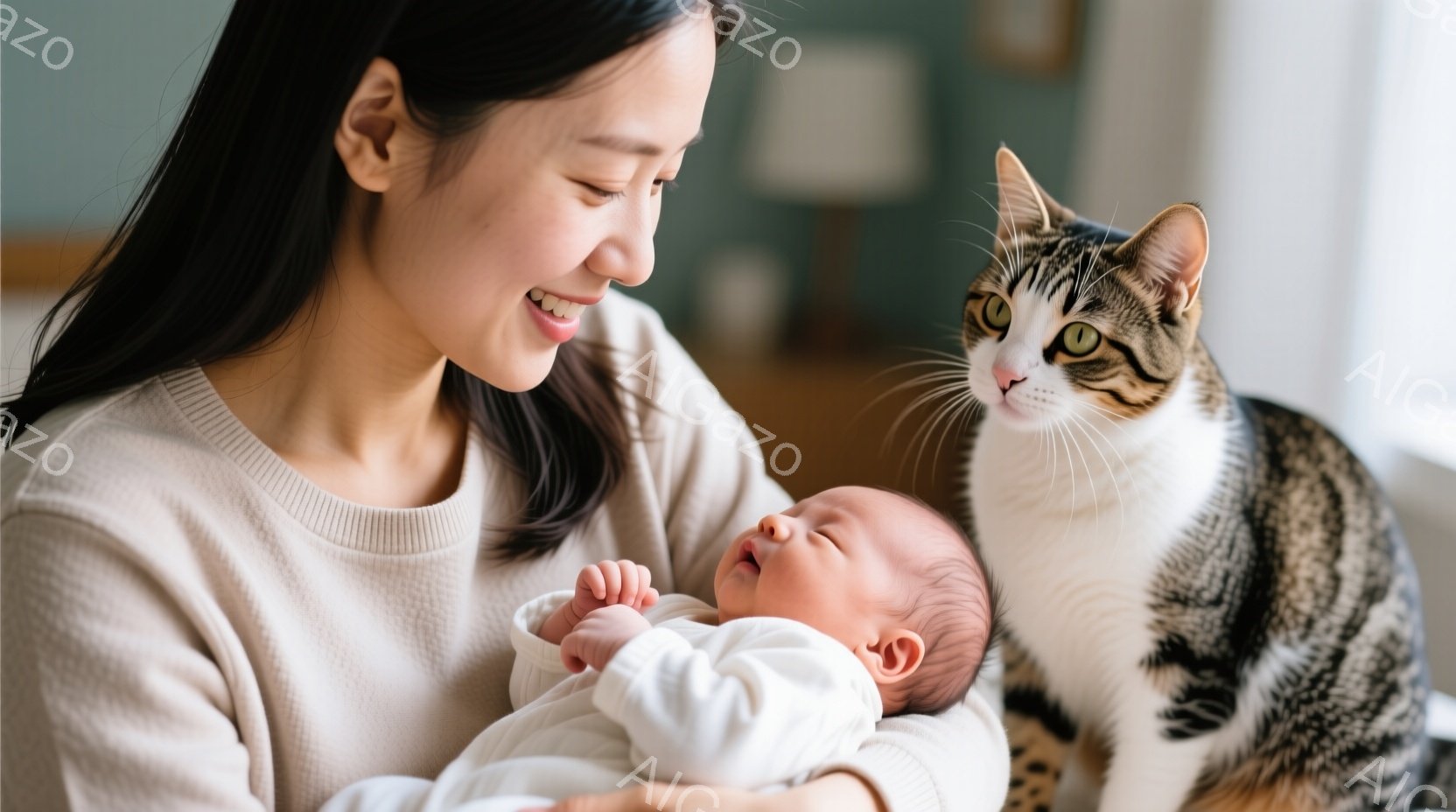 優しい笑顔の女性が、白い服を着た赤ちゃんを抱きかかえています。背景には、白と茶色の縞模様の猫が座り、こちらを見ています。室内で撮影された暖かく穏やかな雰囲気の画像です。