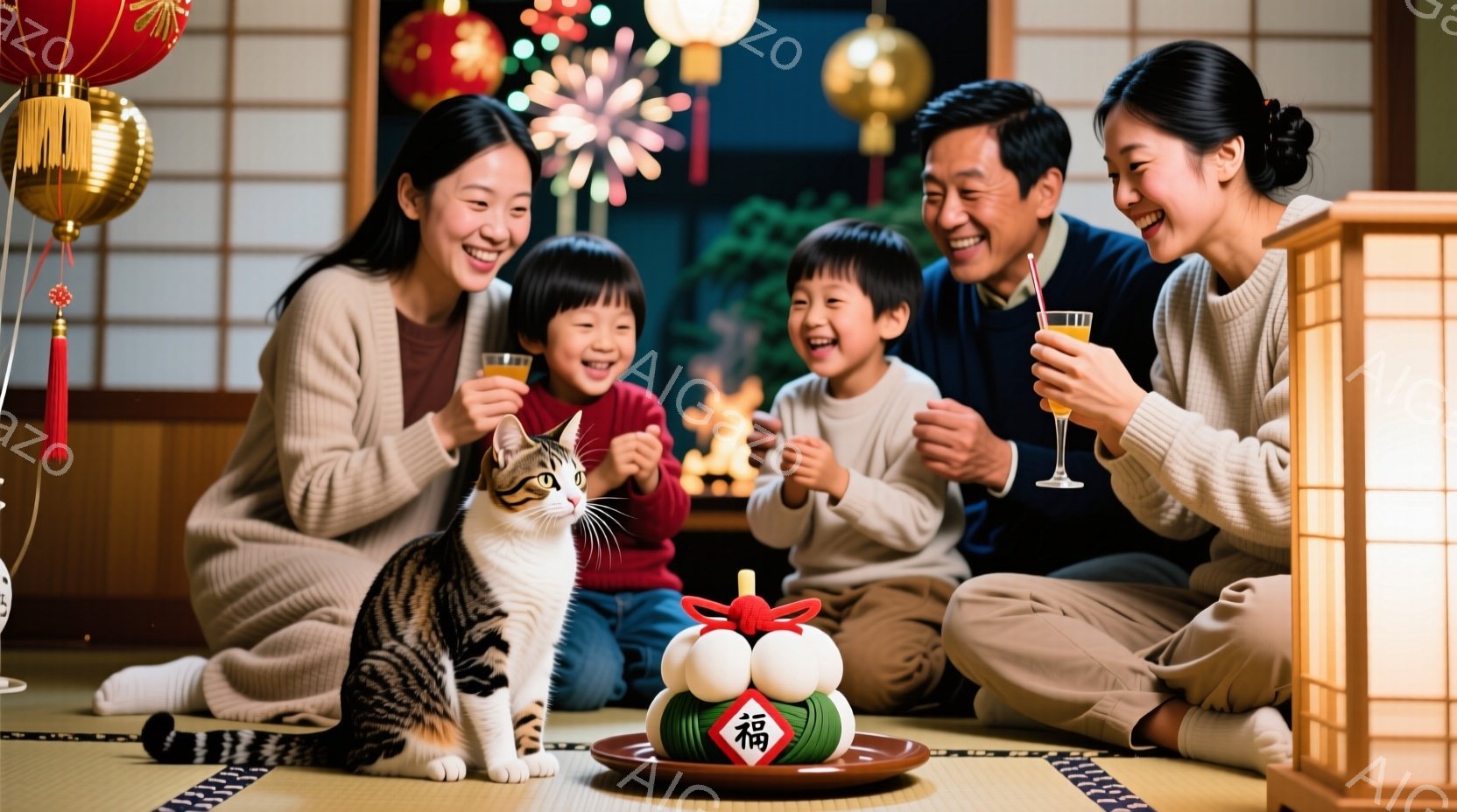 畳の上に家族が座り、新年を迎えている様子が描かれています。母親と父親はそれぞれ暖かいセーターを着て笑顔で、子供たちは小さなグラスに何かを注ぎながら楽しんでいます。背景には伝統的な日本の装飾が施され、暖 - AI生成フリー素材