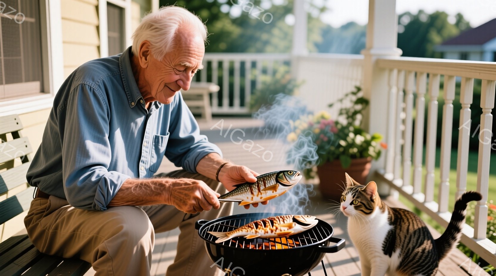老人が火鉢で野菜を焼く姿勢、カールのような白髭、上品な表情。 猫は手掛かりに食べ物を求める、落ち着いた背景、屋外の家、日中の明るさと涼しさ。