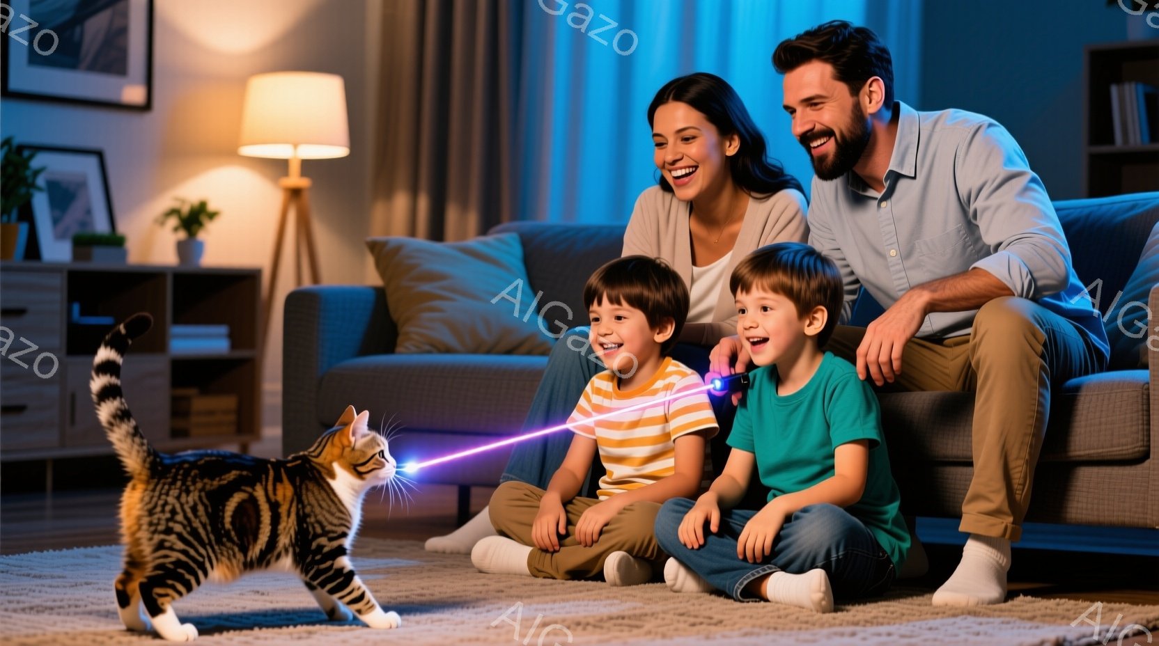 茶色の縞模様の猫が床の上で赤いレーザーポインターを追いかけています。ソファーに座っている母親は長い茶色の髪で、息子の笑顔を見ながら楽しんでいます。背景には、暖色系の照明と植物が置かれた落ち着いたリビン - AI生成フリー素材