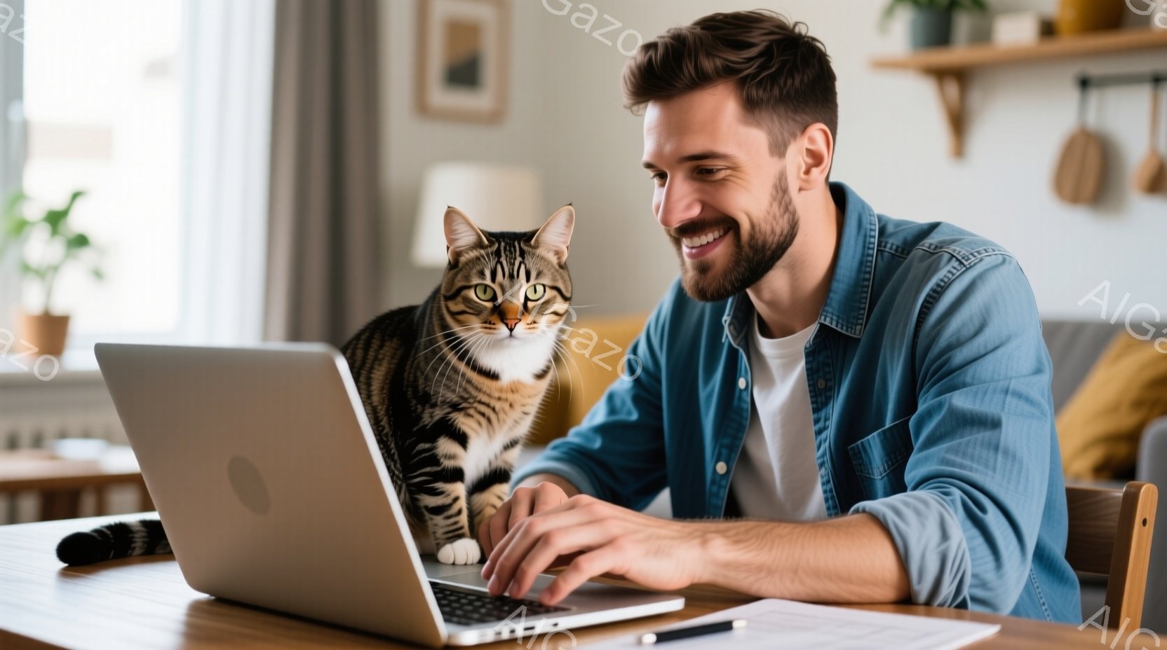 明るい室内で、男性がノートパソコンに向かってタイピングしている。彼は白いTシャツに青いシャツを羽織り、整った髭と髪型で、穏やかな笑顔を浮かべている。背景には、植物や棚があり、暖かくリラックスした家庭的な雰囲気が漂っている。
