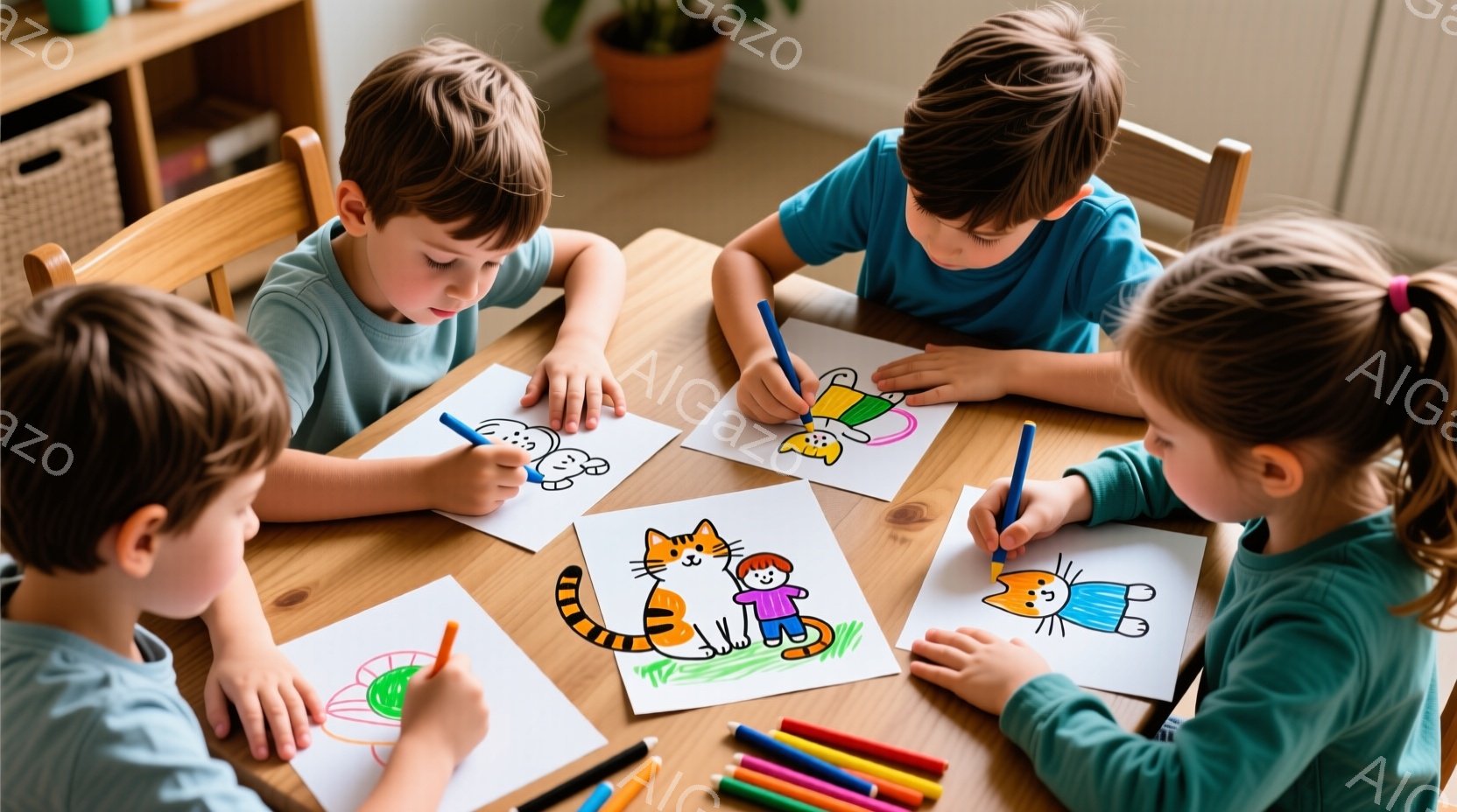 4人の子供たちがテーブルを囲んで絵を描いています。子供たちは皆、明るい色の服を着ており、それぞれ集中して自分の絵に色を塗っています。背景には木製の家具が見え、部屋全体が暖かく、創造的な雰囲気に包まれています。