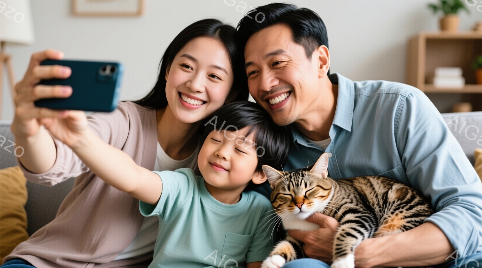 笑顔の女性と少年が、縞模様の猫を抱きかかえながらスマートフォンでセルフィーを撮っています。女性は薄茶色のシャツを着ており、少年は水色のTシャツを着ています。背景には、落ち着いた色調のソファと、本棚が見え、家庭的な温かい雰囲気が漂っています。