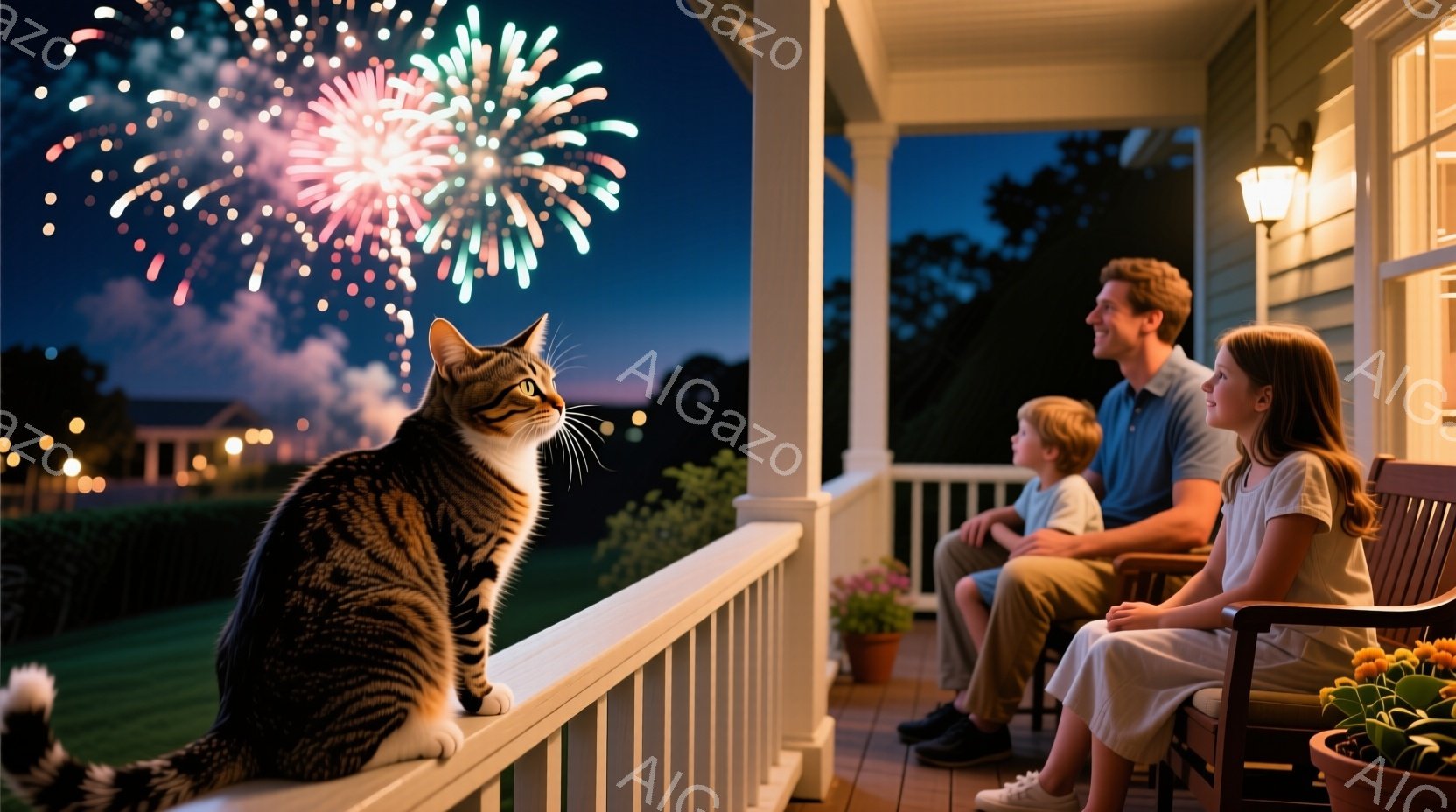 ベランダに家族と猫が座り、夜空に打ち上げられる花火を見上げています。父親は紺色のシャツ、息子はグレーのシャツ、娘は白いワンピースを着ており、皆リラックスした表情です。ベランダには植物が置かれ、背景には - AI生成フリー素材