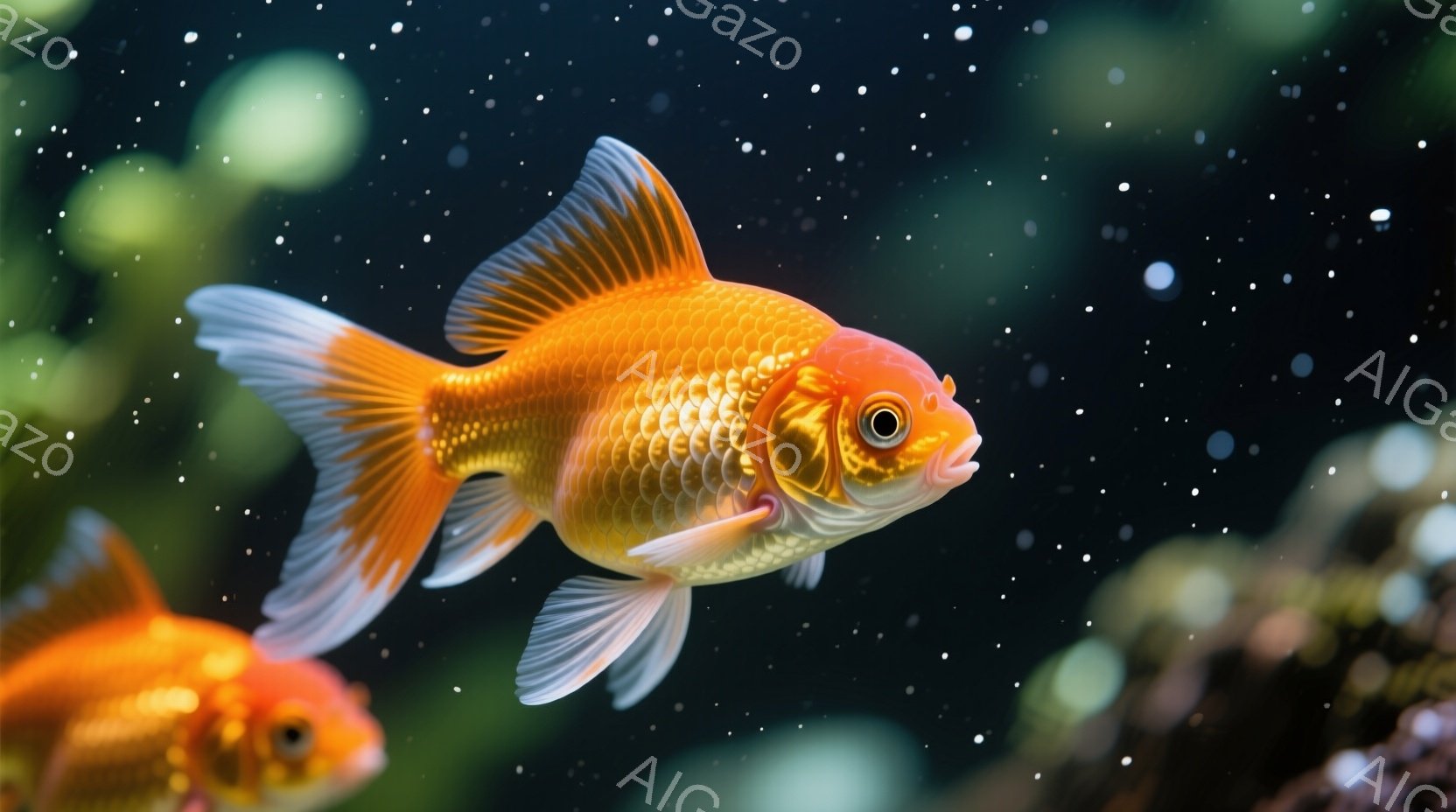 鮮やかなオレンジ色の金魚が二匹、暗い水中で優雅に泳いでいる。金魚は白いヒレが特徴的で、片方の金魚は少しだけ大きく、もう片方の金魚は手前に少しぼやけている。背景は暗い色調で、ぼんやりとした緑色の植物が見え、水中の静かで穏やかな雰囲気を醸し出している。