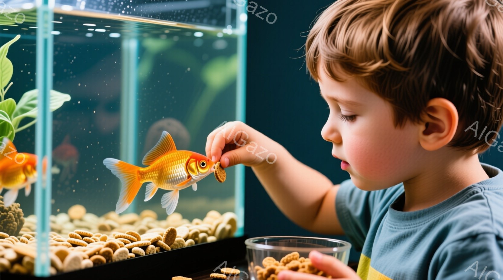 茶色い金魚が水槽の中で餌を食べており、少年が親指と人差し指で餌を金魚に与えようとしています。少年は青いシャツを着ており、明るい茶色の髪で、真剣な表情で金魚を見つめています。水槽の底には小石が敷かれ、背景は暗い青色で、全体的に温かく穏やかな雰囲気が漂っています。