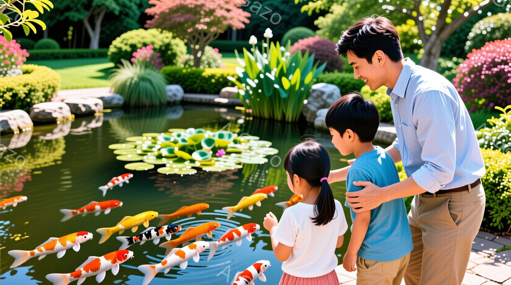 庭園の池で、少年と少女が鯉の魚を見つめている。少年は青いTシャツを着ており、少女は白いシャツにピンクのスカートを身につけている。背景には緑豊かな植物と花が咲き乱れ、晴天の下、穏やかで平和な雰囲気が漂っている。