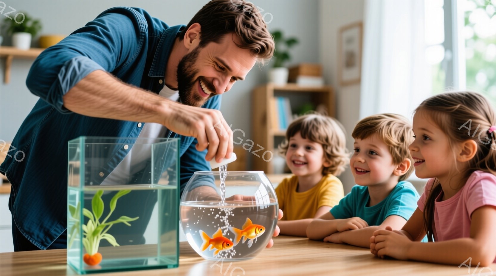 父親と二人の子供たちが魚の入った水槽を見ている様子が描かれています。父親は青いシャツを着ていて、笑顔で水槽に水を注いでおり、子供たちは黄色とピンクのシャツを着ていて、魚を興味津々に見つめています。背景 - AI生成フリー素材