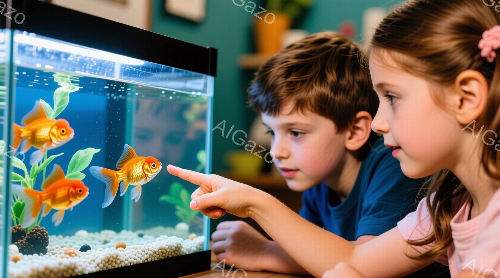 二人の子供が水槽を覗き込んでおり、金魚に注目しています。少年は青いシャツを着ており、少女はピンク色の服を着ています。水槽の中には数匹の金魚と水草、白い砂利が広がっており、背景にはぼやけた家具が見えます。