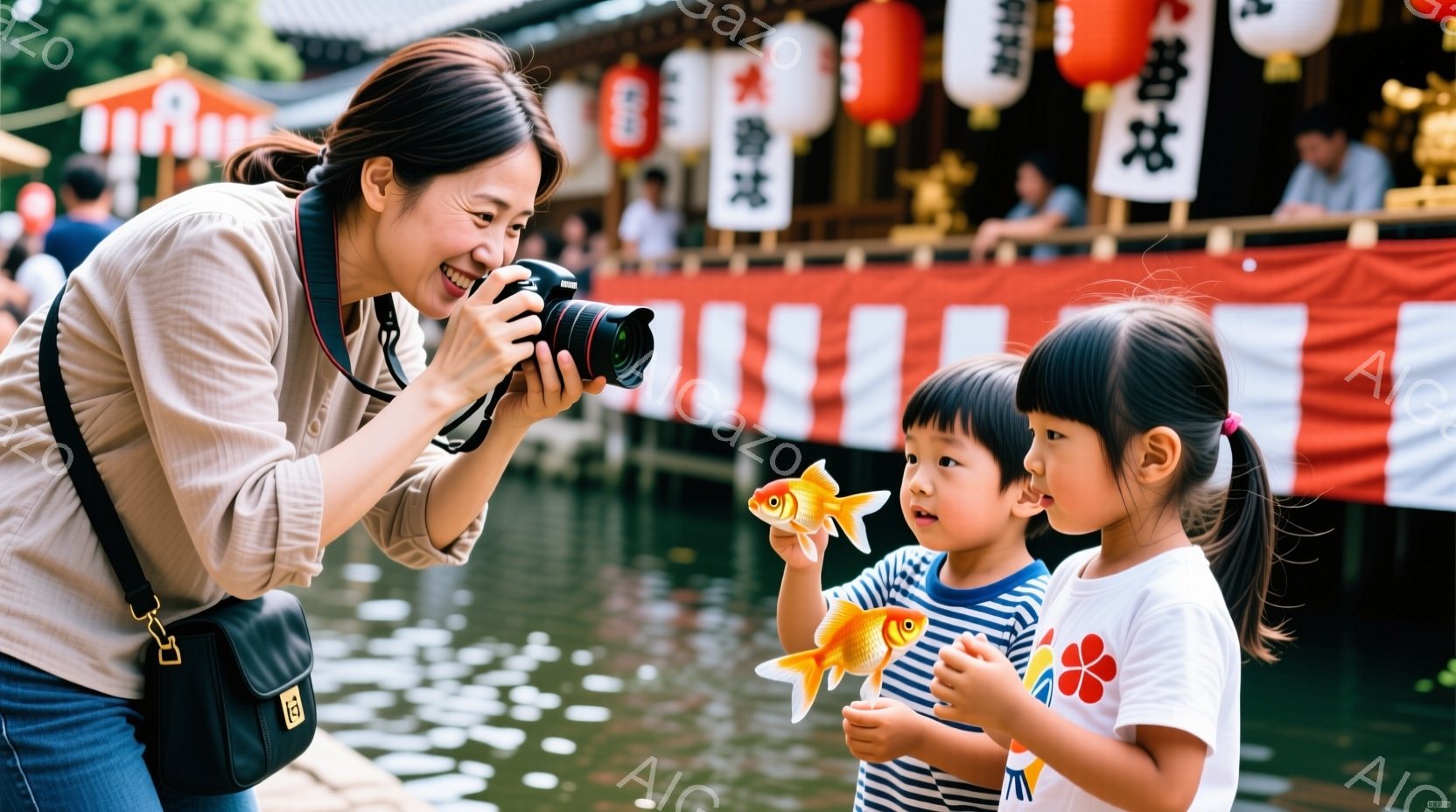 写真には、金魚を手に持った二人の幼い女の子と、それらを撮影している女性が写っています。女性はキャメル色のジャケットとジーンズを着て、カメラを構え、笑顔を浮かべています。背景には、赤い提灯が飾られた伝統的な建物と、水面に光が反射する池があり、活気があり、楽しげな雰囲気が伝わってきます。