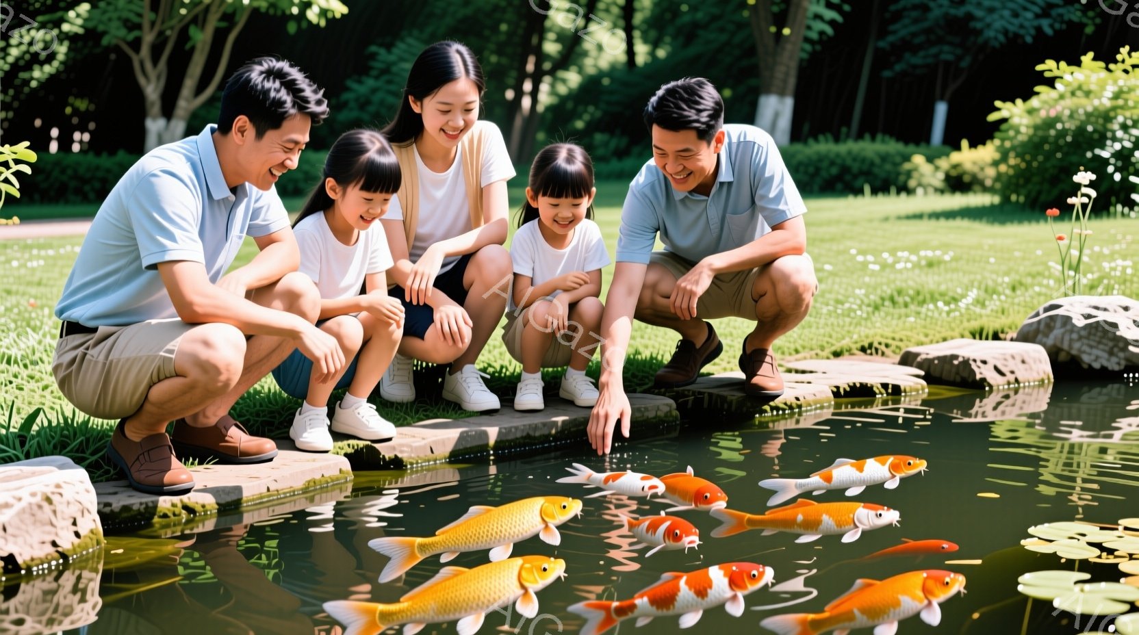 庭の池のそばに、若い夫婦と二人の幼い娘たちがひざまずいて座っています。皆白いTシャツとショートパンツまたはスカートを着用し、笑顔で池の金魚に餌をあげています。背景には緑豊かな植物と穏やかな水面が広がり - AI生成フリー素材