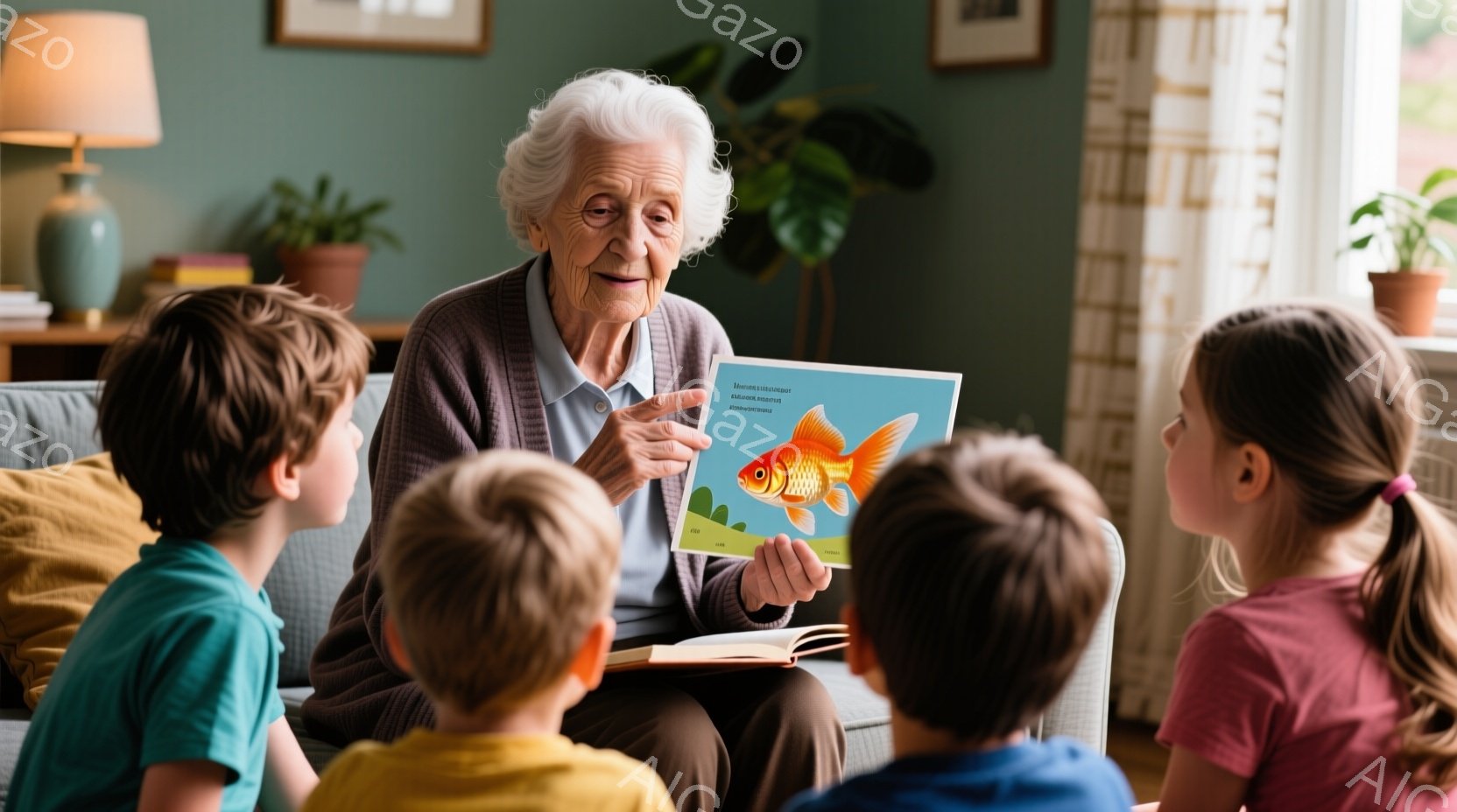 白髪で笑顔の老婦人が、膝の上に絵本を開いて、数人の子供たちに読み聞かせをしています。子供たちは色とりどりの服を着て、絵本に興味津々で老婦人を見つめています。背景にはソファや観葉植物、間接照明が見え、暖かく穏やかな家庭の雰囲気が漂っています。