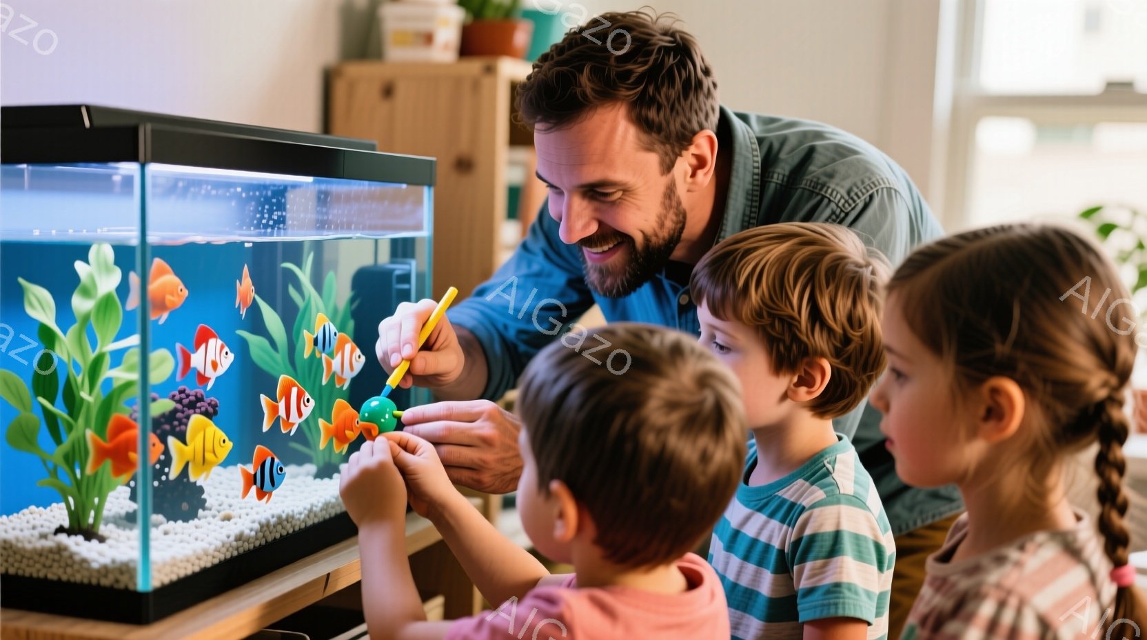 鮮やかな熱帯魚が泳ぐ水槽の前に、父親と二人の子供たちが立っている。父親は髭を生やし、紺色のシャツを着ており、子供たちに何かを指し示している。子供たちはカラフルな服を着て、水槽に興味津々で身を乗り出しており、温かく穏やかな家庭の雰囲気が漂っている。