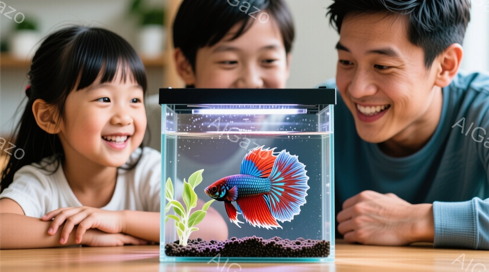 幼い女の子と大人が、熱帯魚の水槽を興味津々に見つめている。女の子は肩までの黒髪で、白いシャツを着て、満面の笑みを浮かべている。大人は青いシャツを着ており、水槽の中の鮮やかなベタの魚に笑顔で注目している様子が伺える。