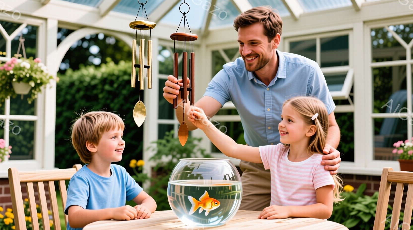 金髪の少年と少女が屋外のテーブルを囲み、大きな金魚鉢の中にいる金魚を見つめている。父親は子供たちに寄り添い、風鈴を手に持っている。背景にはレンガの建物と緑豊かな植物が見え、晴れた日の穏やかな雰囲気が漂 - AI生成フリー素材
