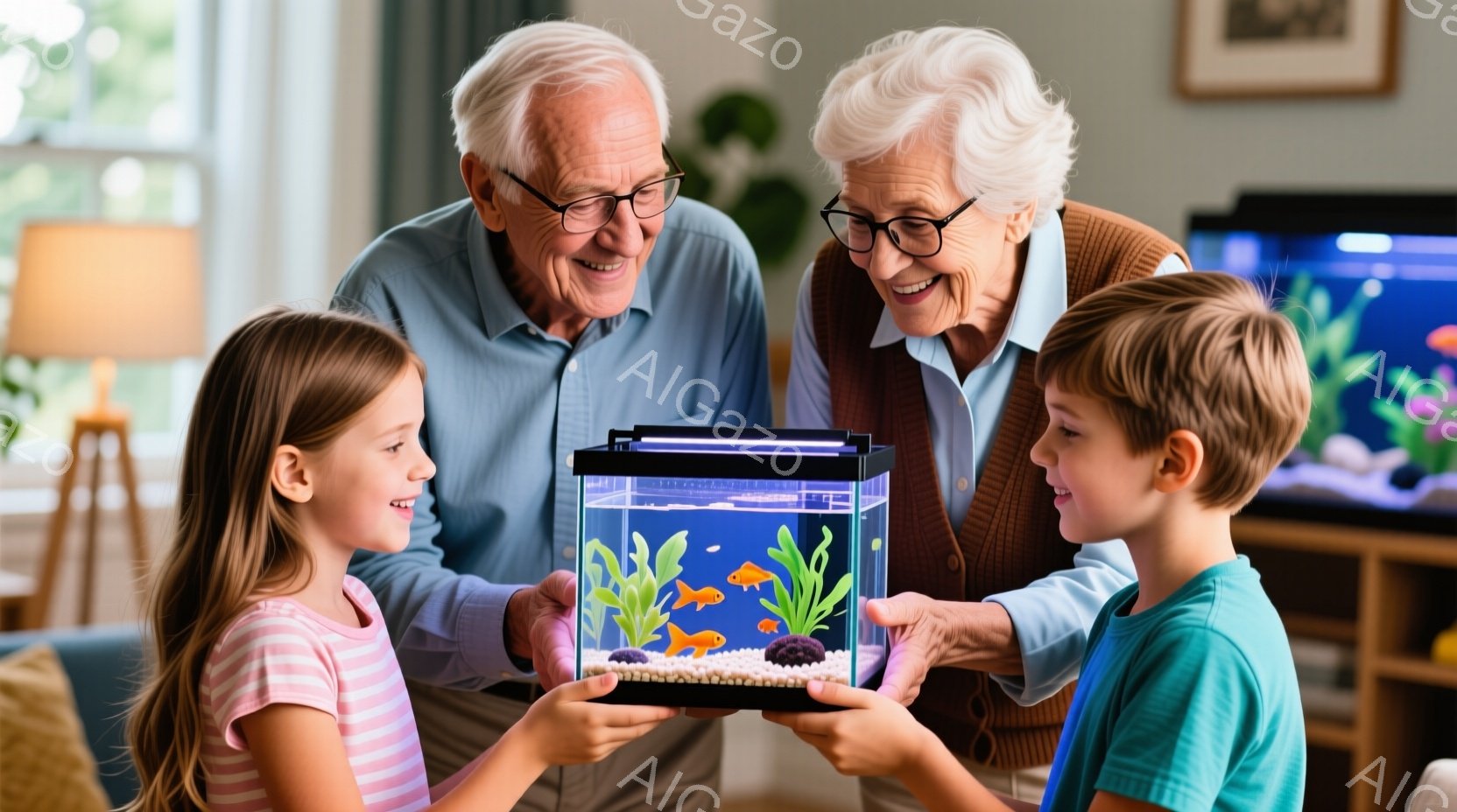 少女と少年が小さな水槽を持ち、高齢の夫婦がそれを見て笑顔を浮かべている。少女はピンクと白の縞模様のシャツを着ており、少年はターコイズブルーのTシャツを着ている。背景には家具があり、全体的に温かく幸せな - AI生成フリー素材