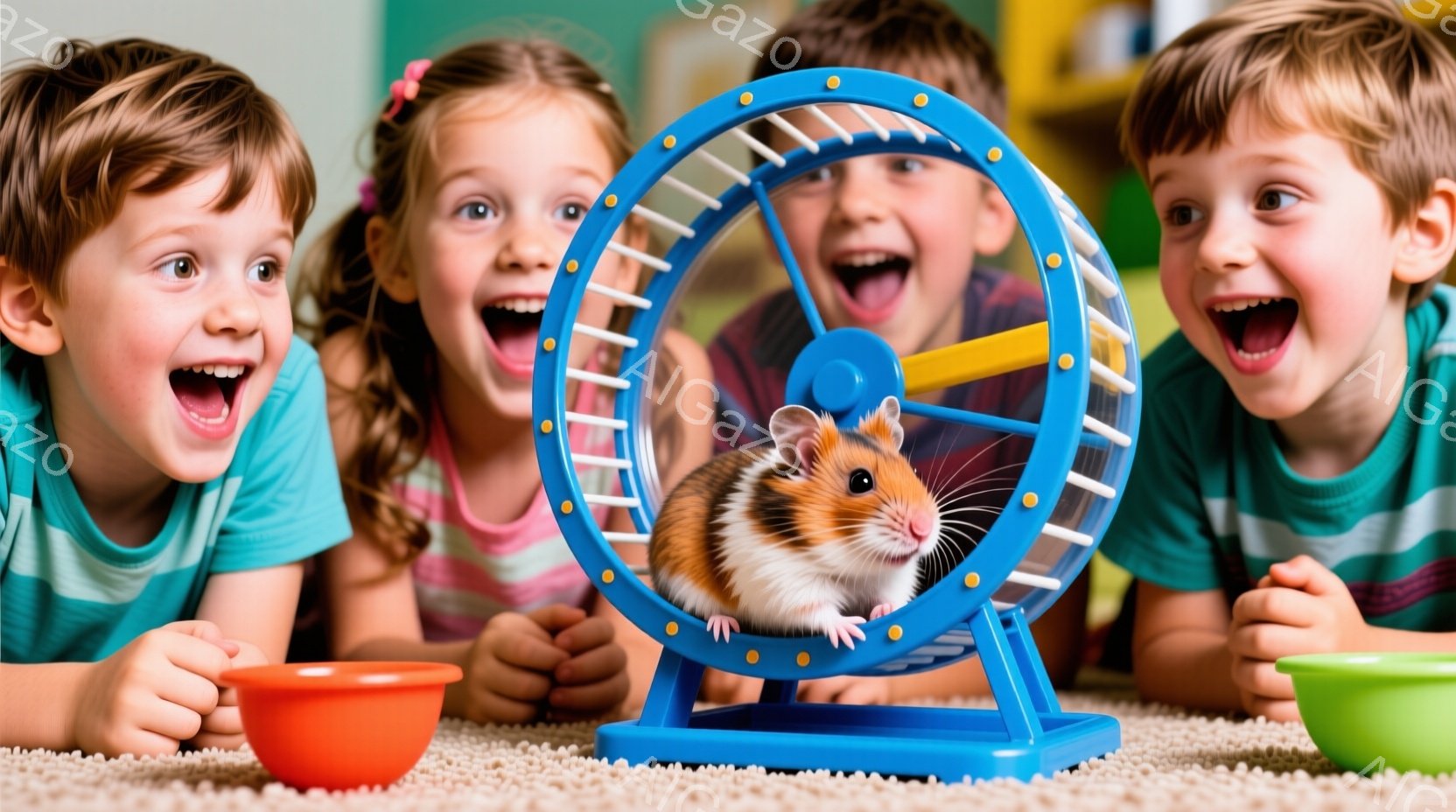 ３人の子供たちがカーペットの上にうつ伏せになり、ハムスターの回し車を見つめています。子供たちは皆、明るい色の服を着ており、興奮した表情で大きく口を開けています。背景には、赤と黄色のボウルが少し見え、室内で温かく楽しい雰囲気が漂っています。