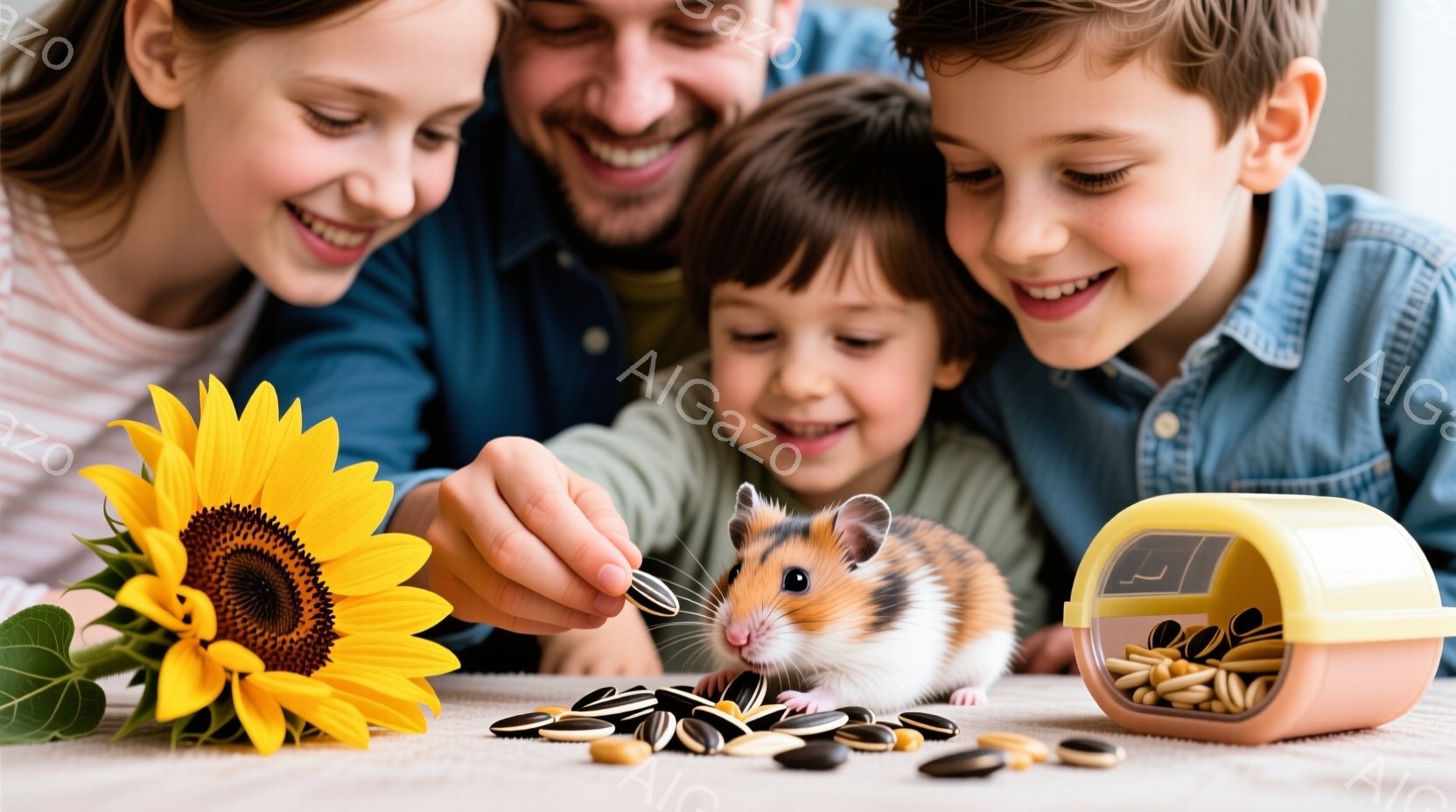 画面には、家族とハムスター、ヒマワリが写っています。母親は白いシャツを着ており、息子は青いデニムシャツを着て、ヒマワリの種をハムスターに与えようとしています。背景には、ヒマワリの種が入った容器があり、全体的に温かく、愛情に満ちた雰囲気です。