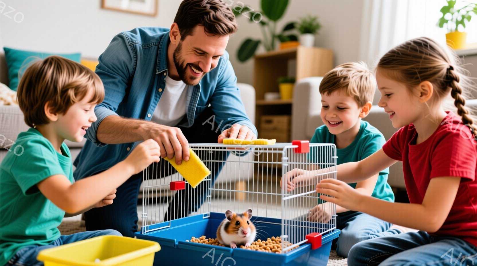 室内で、笑顔の男性と2人の子供がハムスターのケージを取り囲んでいます。男性はブルーのシャツを着ており、子供たちはそれぞれ赤と緑のTシャツを着ています。ケージの中にはハムスターと餌が入り、一家は愛情深くペットと触れ合っている様子で、温かく幸せな家庭の雰囲気が伝わってきます。