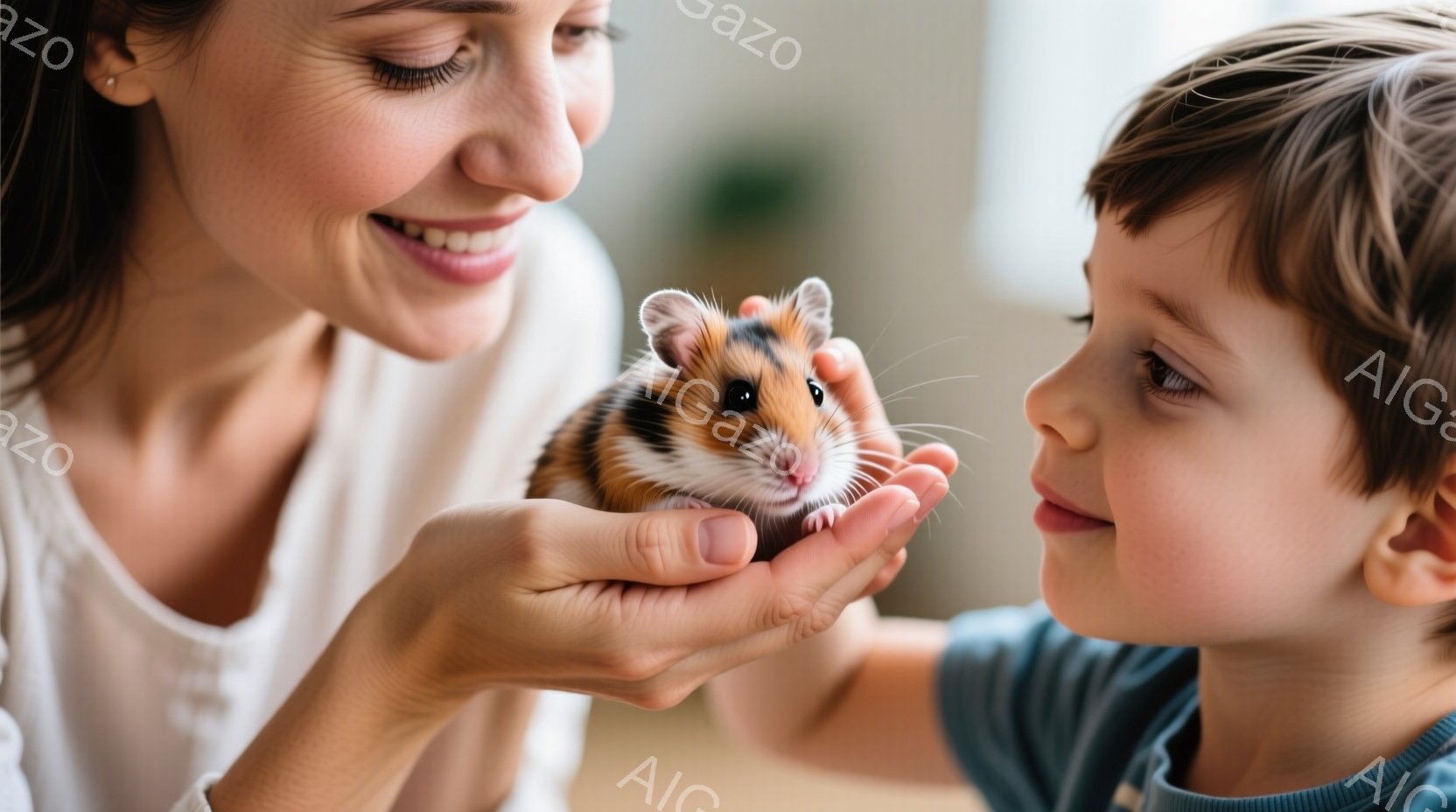 白い背景を背景に、女性が手のひらで小さなハムスターを抱き、少年がハムスターを見つめています。女性は白いシャツを着ており、微笑んでいます。少年は青いシャツを着ており、驚きと喜びが入り混じった表情でハムスターを見つめています。