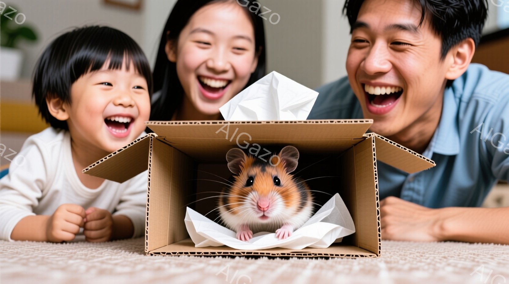 幼い女の子と母親、父親が、茶色の段ボール箱の中から顔をのぞかせたハムスターを見て笑顔になっています。女の子は白い長袖の服を着ており、母親と父親はそれぞれ明るい色のシャツを着ています。背景はぼやけていますが、柔らかな色のカーペットが見え、家族の温かい雰囲気が伝わってきます。