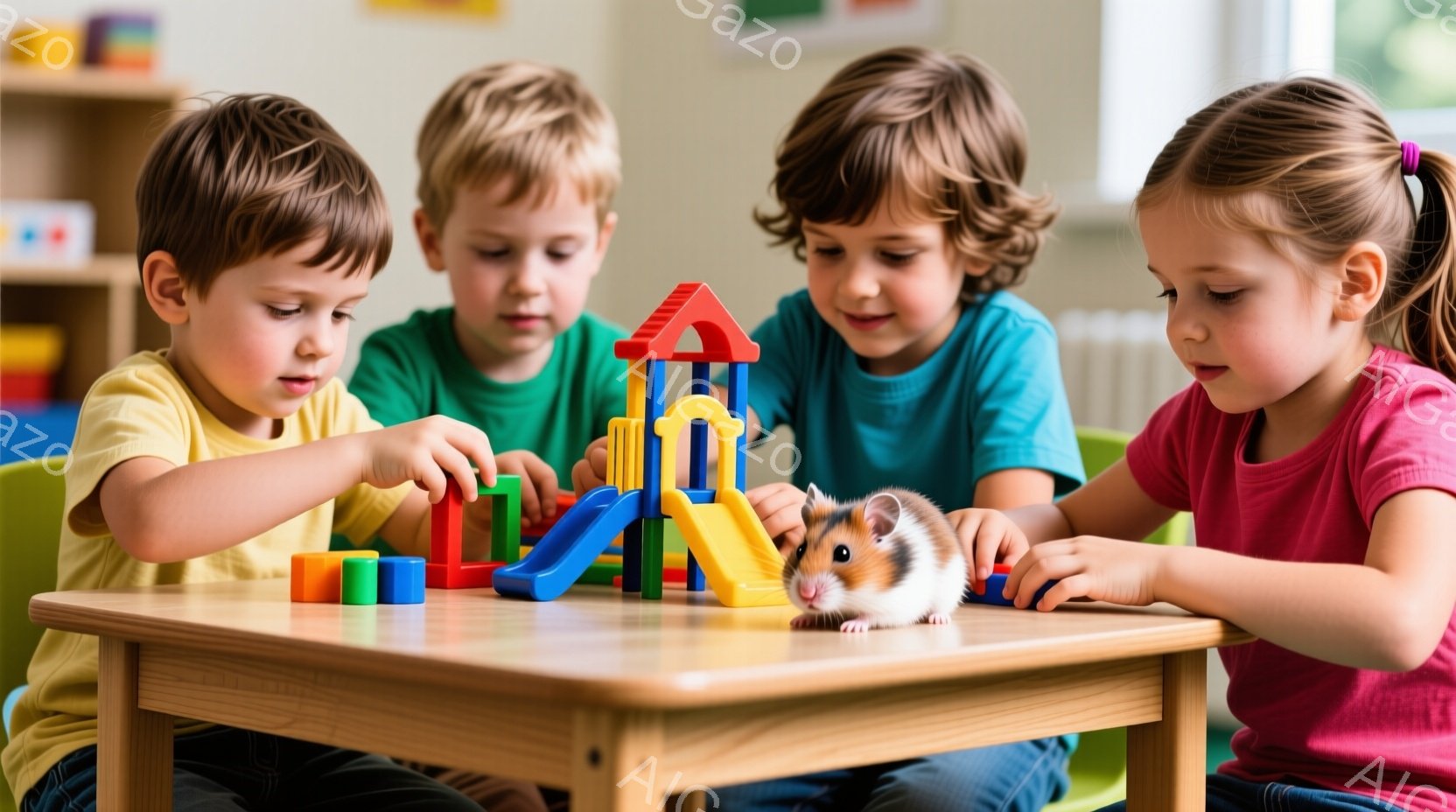 四人の子供たちがテーブルを囲んでおもちゃのブロックとハムスターと遊んでいます。それぞれの子供はカラフルなTシャツを着ており、髪型は短髪から長髪まで様々で、真剣な表情で遊びに集中しています。背景には緑色の椅子が見え、明るく温かい雰囲気の室内で、子供たちは楽しそうに時間を過ごしているようです。