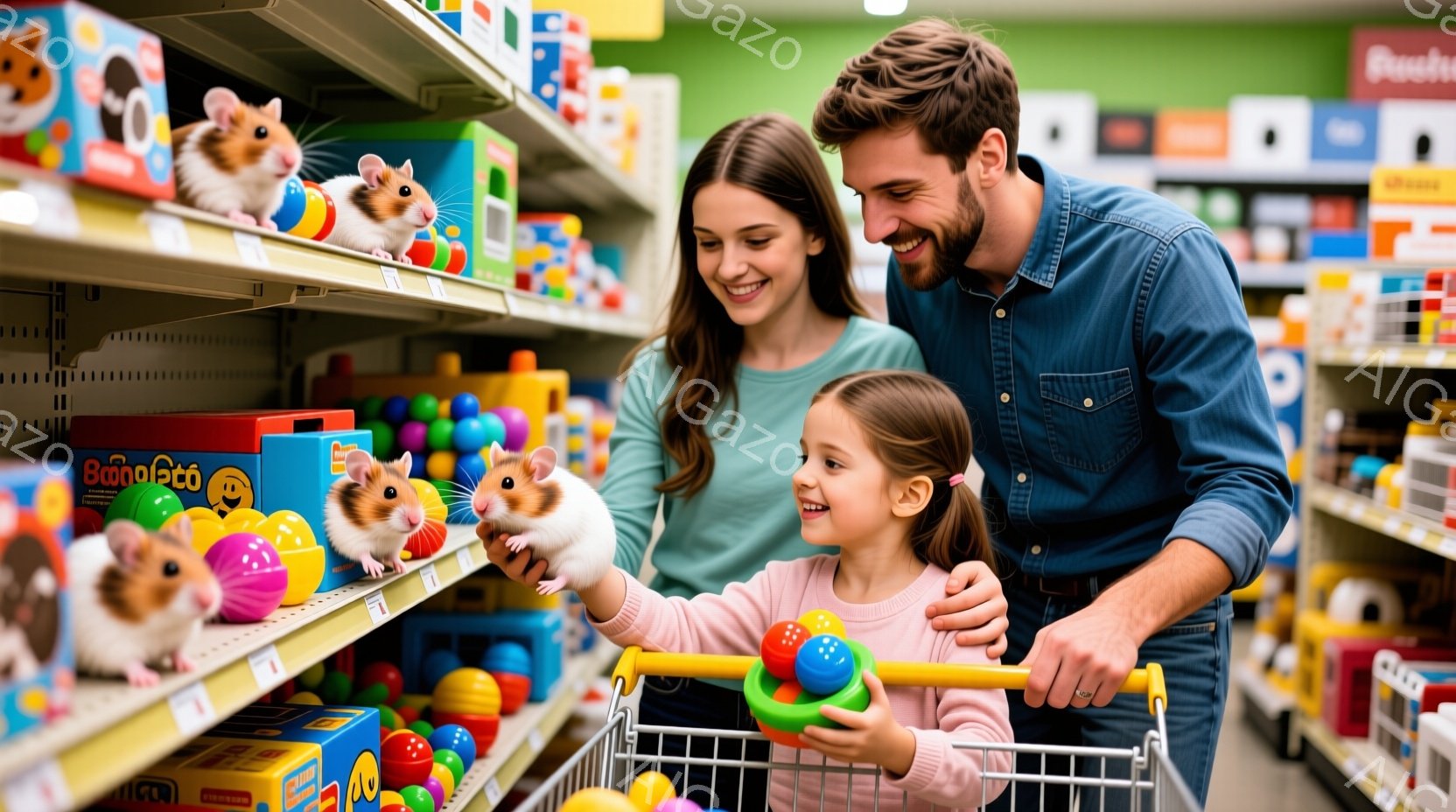 小さな女の子と父親がペットショップでハムスターを見ている様子が写っています。女の子は赤いセーターを着て、髪をポニーテールにしています。父親は青いシャツを着て、笑顔で娘とハムスターを見つめており、背景にはハムスターボールやその他のペット用品が並んでいます。
