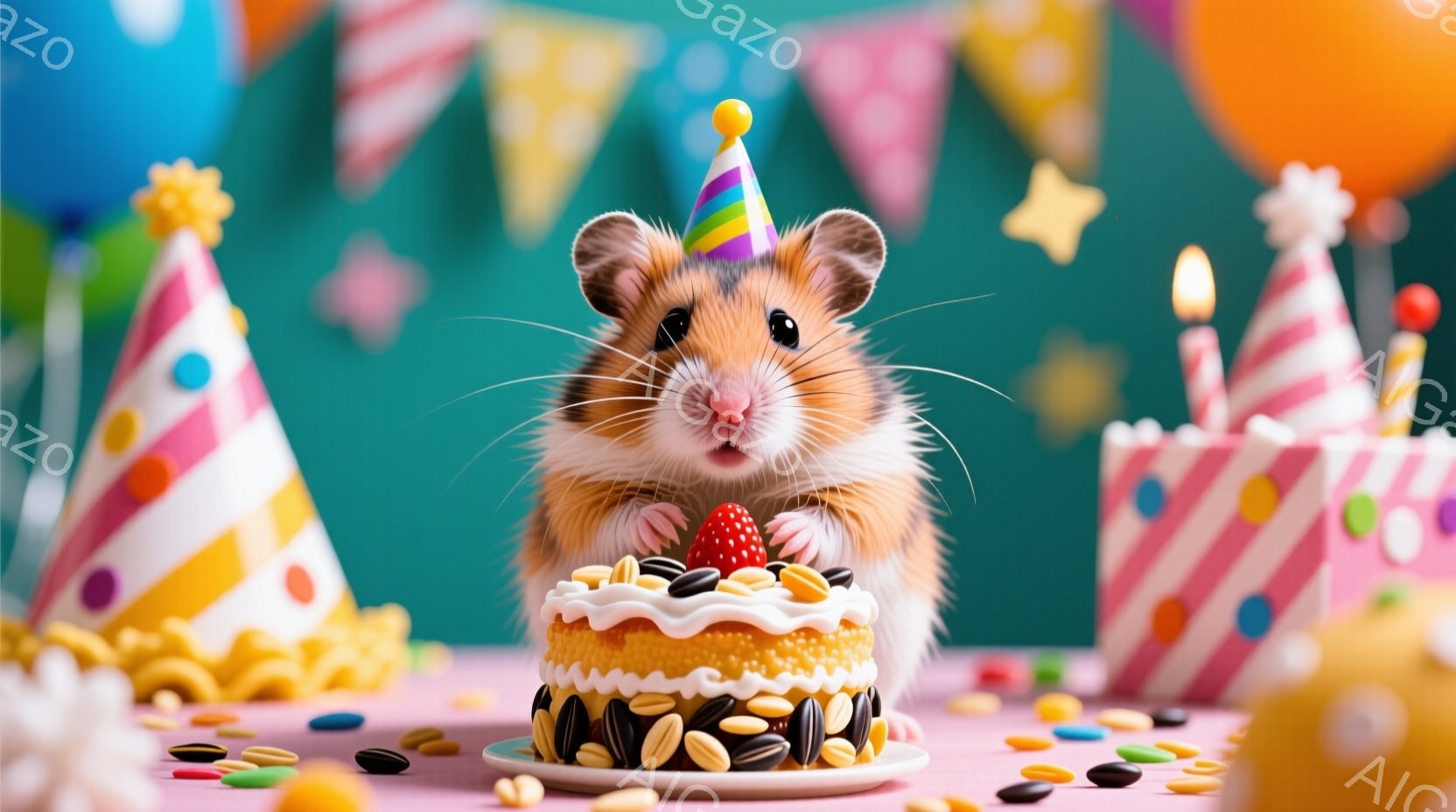 小さなハムスターが、クリームとイチゴ、種で飾られた小さなケーキの前に座っています。頭にはカラフルな誕生日帽子をかぶり、少し驚いたような可愛らしい表情をしています。背景には、ピンクと白のストライプの装飾やカラフルな旗が飾られ、お祝いムードを盛り上げています。