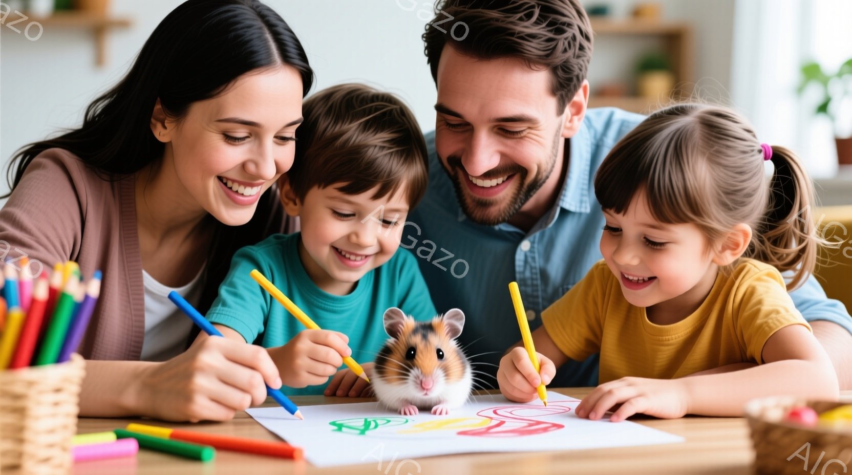 家族がテーブルを囲んでお絵かきをしている様子が写っています。母親は茶色の服を着ており、息子と娘がそれぞれ黄色い服を着ています。皆笑顔で、小さなハムスターも絵の中心にちょこんと座り、温かく幸せな雰囲気が漂っています。