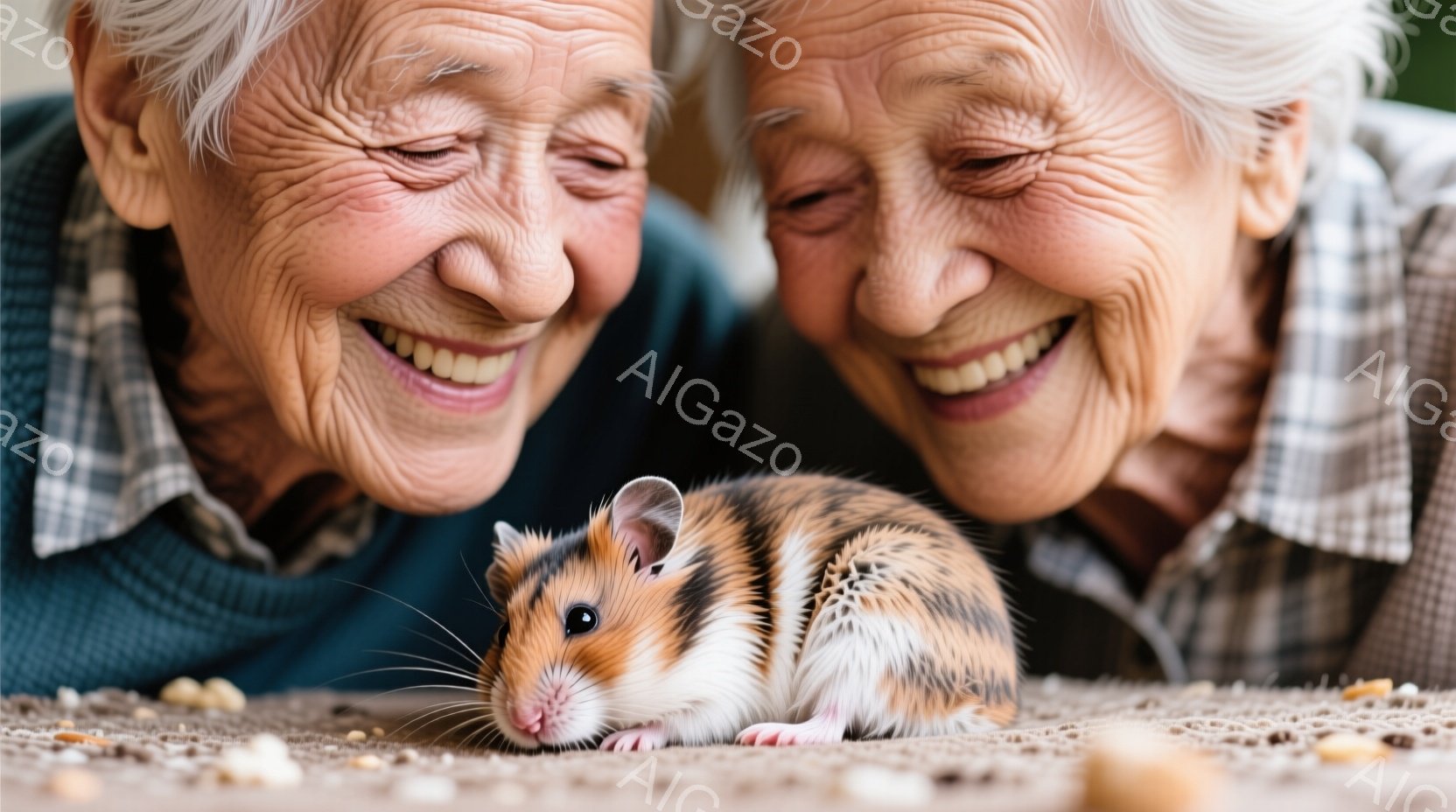 祖母と思われる二人の女性が、茶色と白のハムスターを見下ろしています。二人は笑顔で、シワが刻まれた顔には温かい表情が浮かんでいます。背景はぼやけていますが、床のカーペットといくつかの穀物がわずかに見え、全体的に穏やかで優しい雰囲気が漂っています。