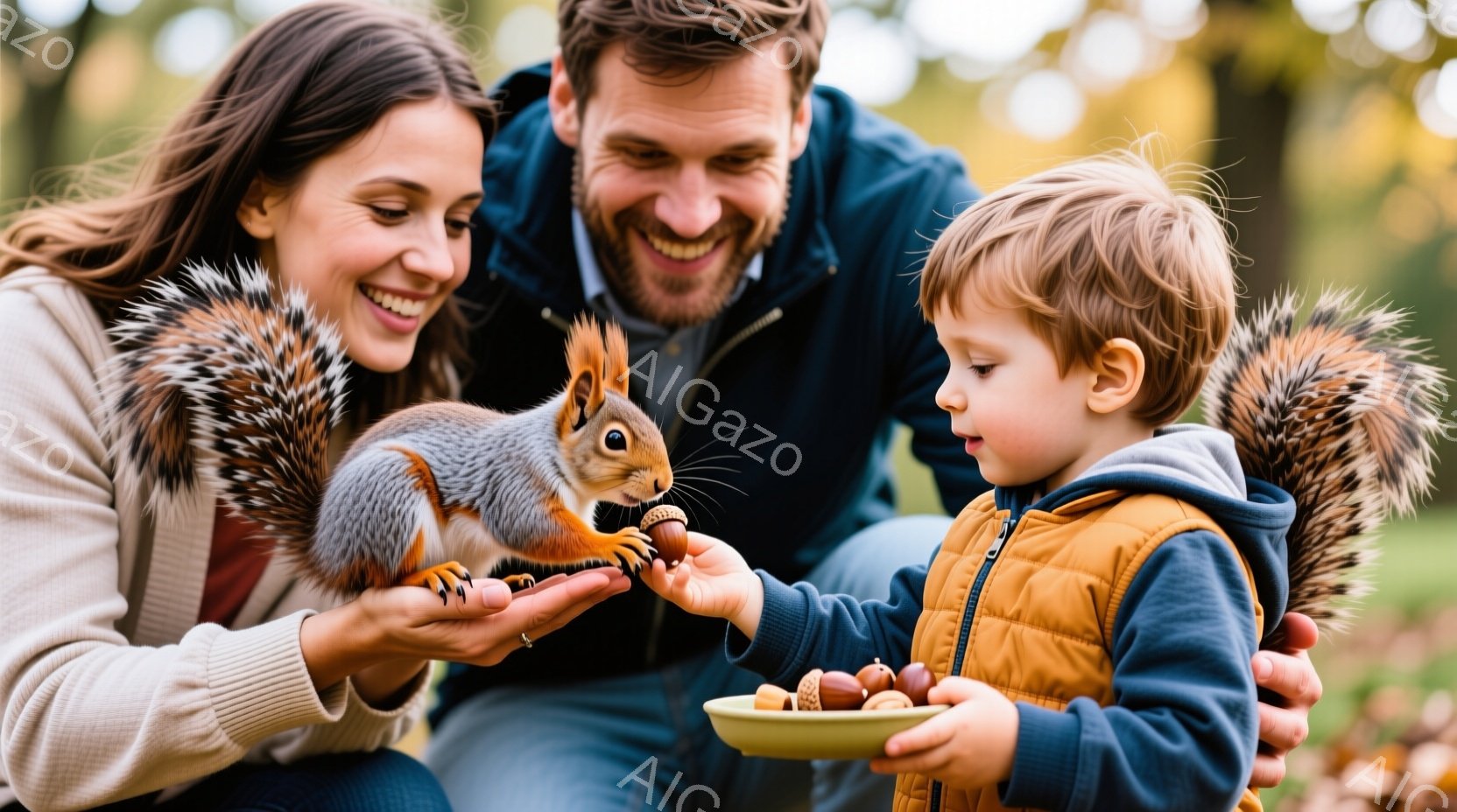 一人の女性と少年、そしてリスが写っています。女性はベージュ色のセーターを着て、笑顔で片手を伸ばし、リスに木の実を差し出しています。少年はオレンジ色のベストを着て、皿から木の実を取り、リスに差し出すために手を伸ばしています。背景には緑豊かな植物と秋の落ち葉が見られ、暖かく穏やかな雰囲気が漂っています。