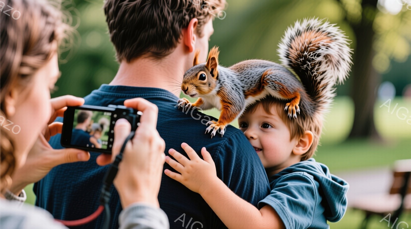 リスが一人の少年（おそらく幼い子供）の頭に乗っている様子を、別の人物がデジタルカメラで撮影している写真です。少年は青いパーカーを着ており、笑顔を見せています。背景は緑豊かな公園で、穏やかな晴天であり、楽しげな雰囲気が漂っています。